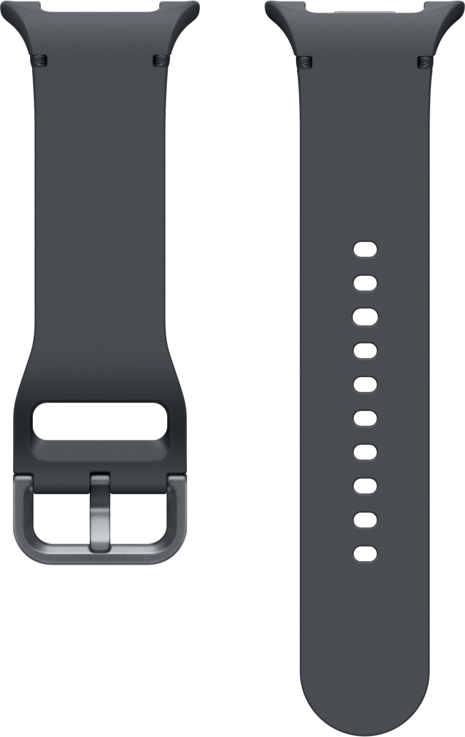 Deux bracelets de montre gris. L'un a une boucle, l'autre a des trous. Les deux ont des extrémités incurvées.