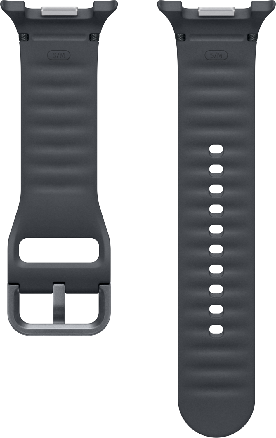 Deux bracelets de montre connectée gris foncé. L'un a une boucle, l'autre des trous. Les deux ont S/M. Fond noir.