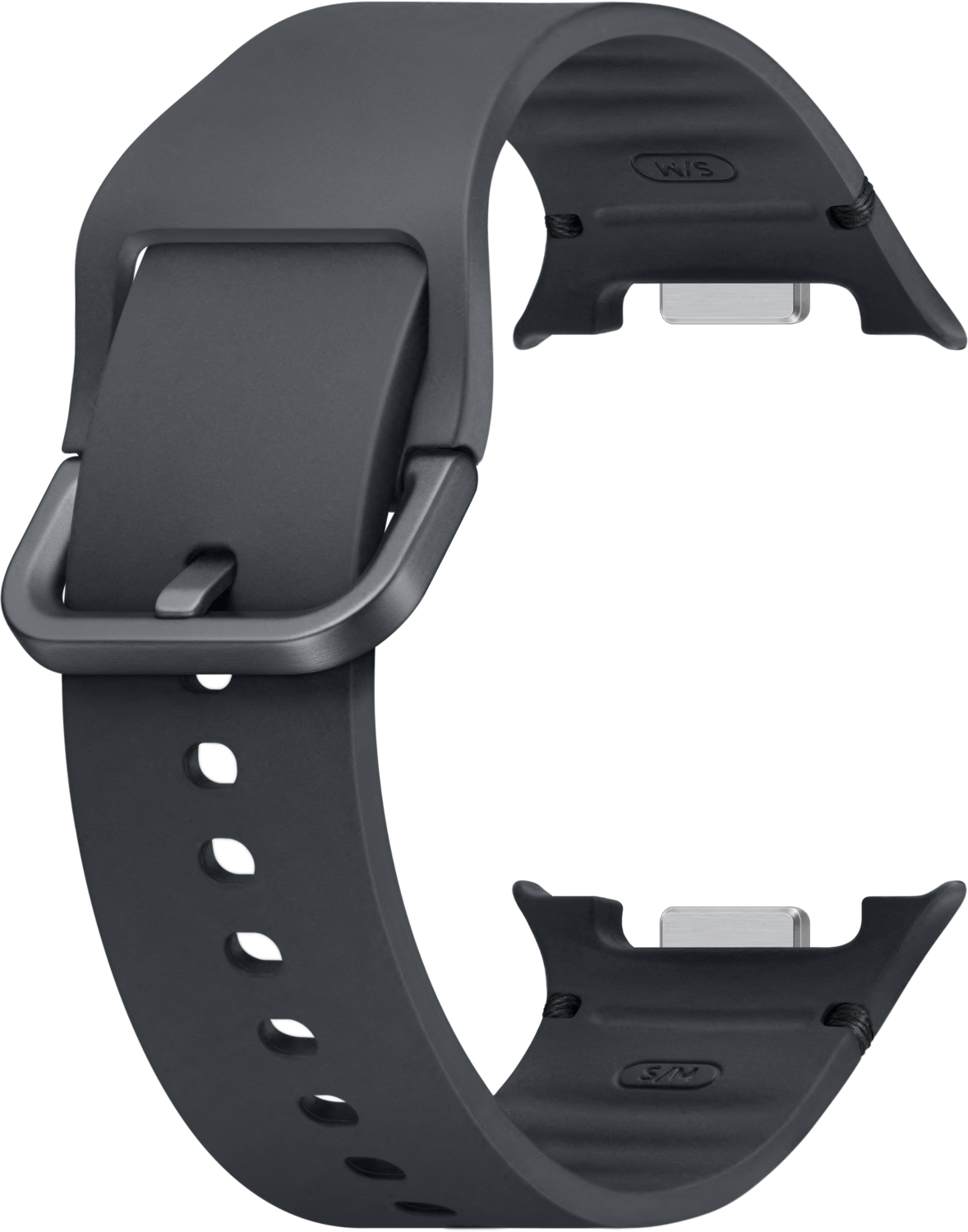 Un bracelet de montre gris foncé avec une boucle. Le bracelet a plusieurs trous. Les extrémités ont des pièces métalliques argentées.