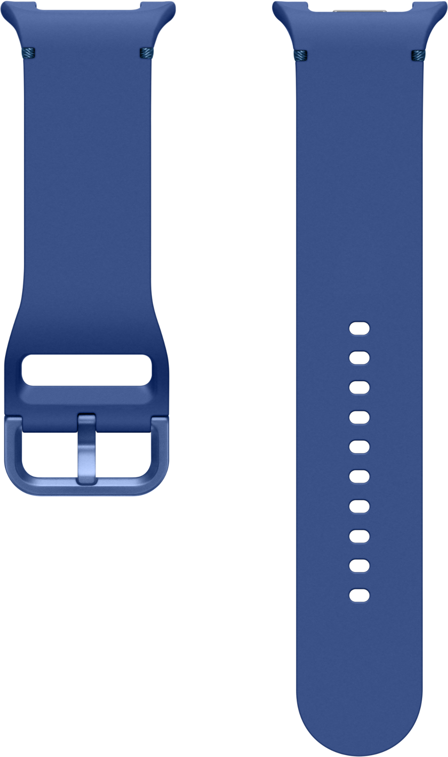 Deux bracelets de montre bleus sur fond noir. Un bracelet a une boucle, l'autre a des trous. Des goupilles métalliques fixent les bracelets.