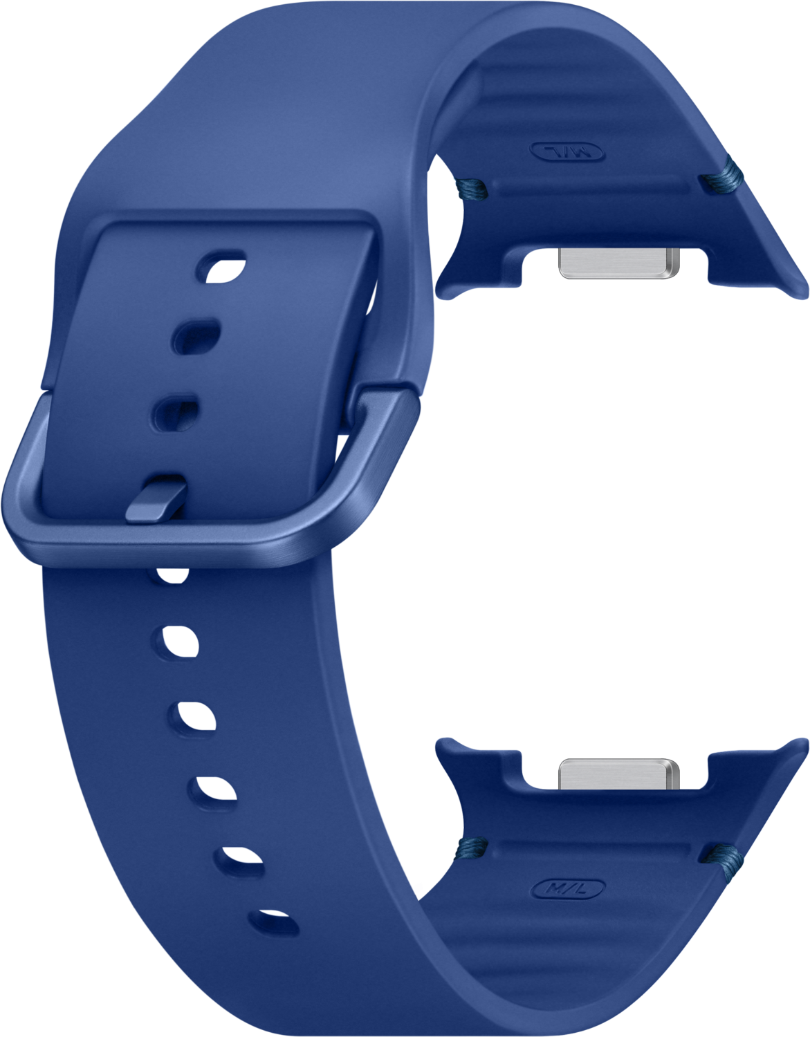 Un bracelet de montre bleu avec une boucle argentée. Il comporte plusieurs trous de réglage et une goupille argentée pour attacher la montre.