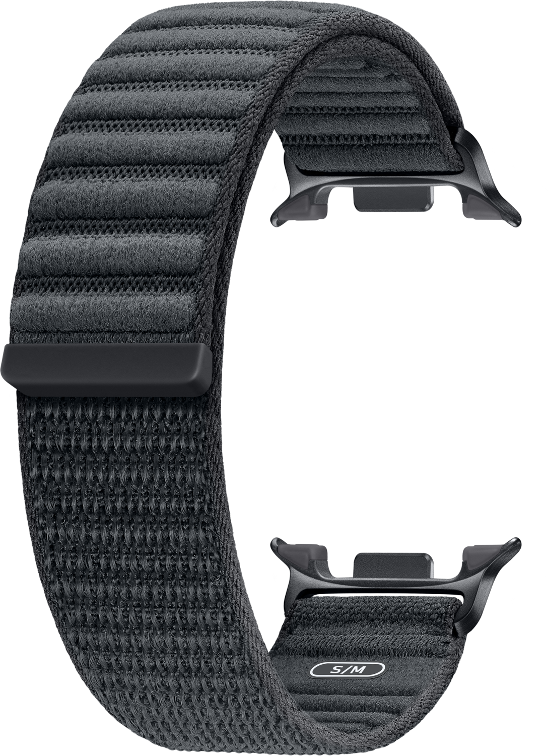 Een donkergrijze Apple Watch-band. Het heeft een textuurstof, met metalen connectoren. De achtergrond is zwart.