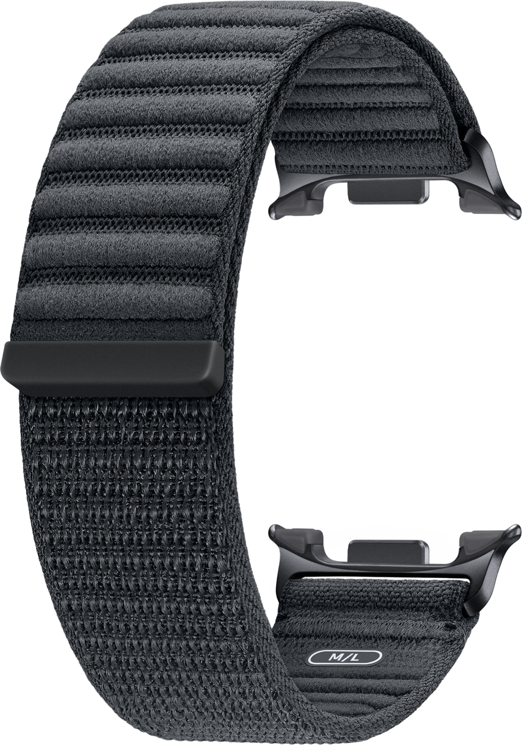 Een zwarte Apple Watch-band. De band is donkergrijs met getextureerde ribbels en een geweven onderkant. De gesp is ook donkergrijs.