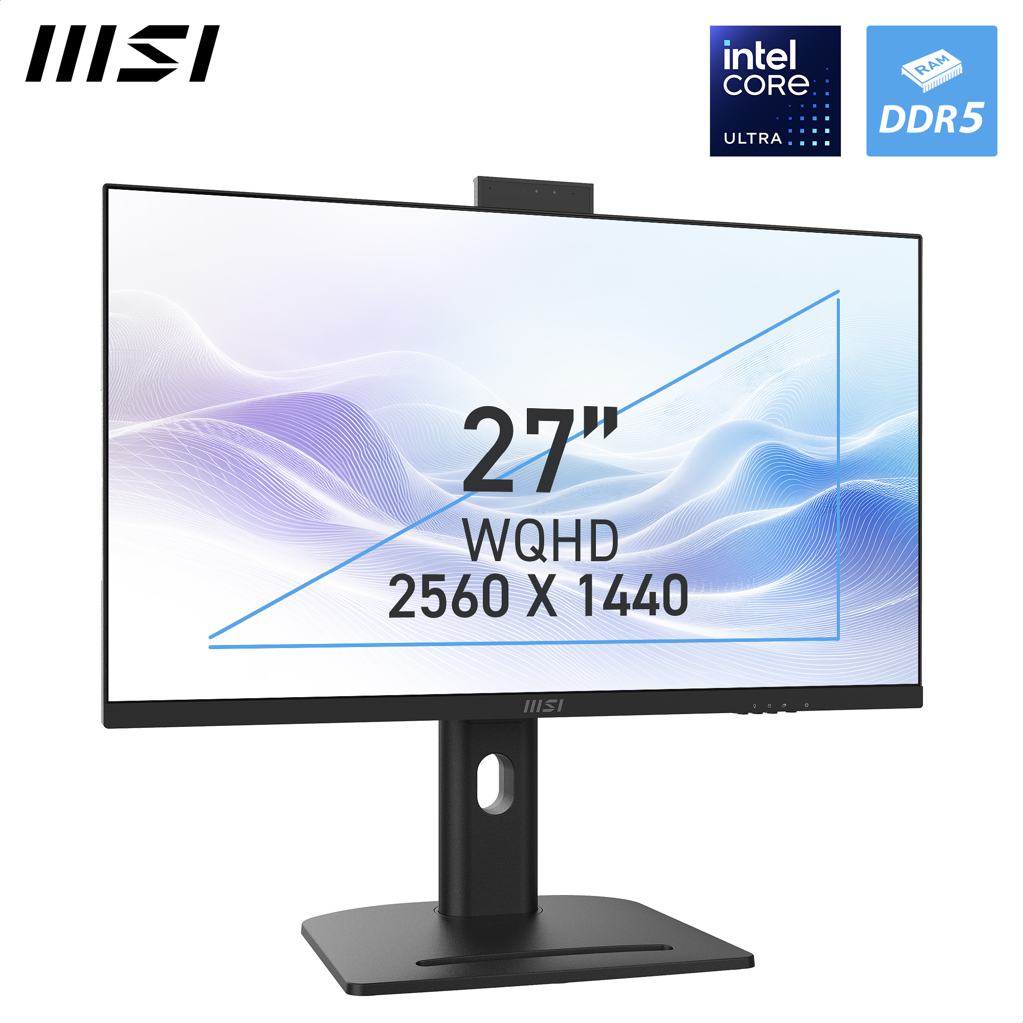 MSI 27" Monitor. Schwarzer Rahmen, Standfuß. Intel Core Ultra, DDR5 Logos. Display zeigt Spezifikationen: 2560x1440, WQHD.