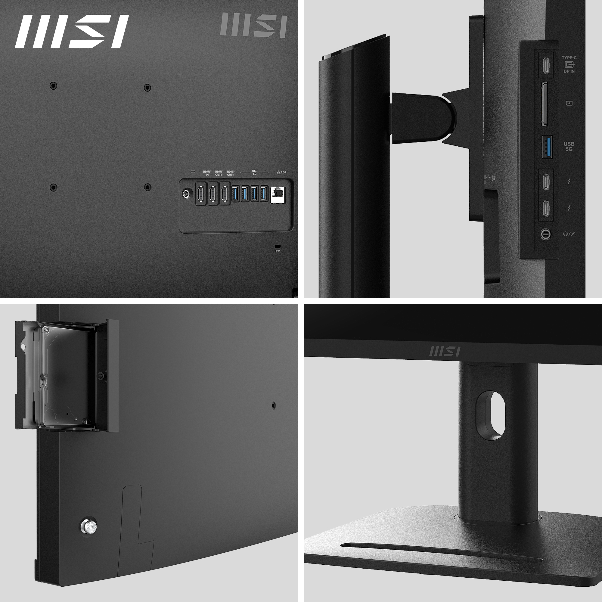 Ein schwarzer MSI-Monitor mit Anschlüssen, USB, HDMI und einem Typ-C-Anschluss. Der Ständer und die Rückseite sind schwarz.