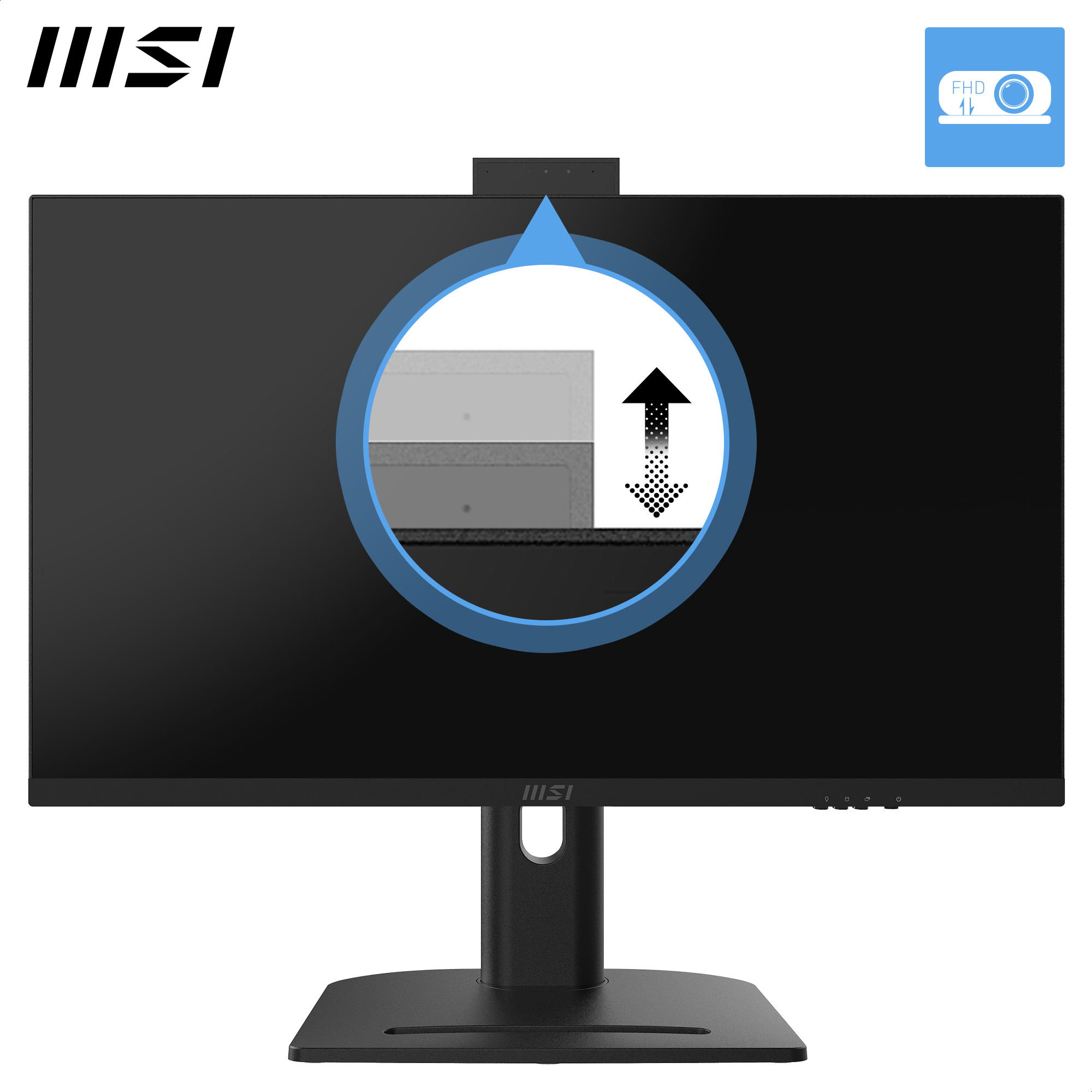 Schwarzer MSI-Monitor mit Webcam. Ein Pfeil zeigt die Einstellung an. Blauer Kreis zeigt FHD-Auflösung an.