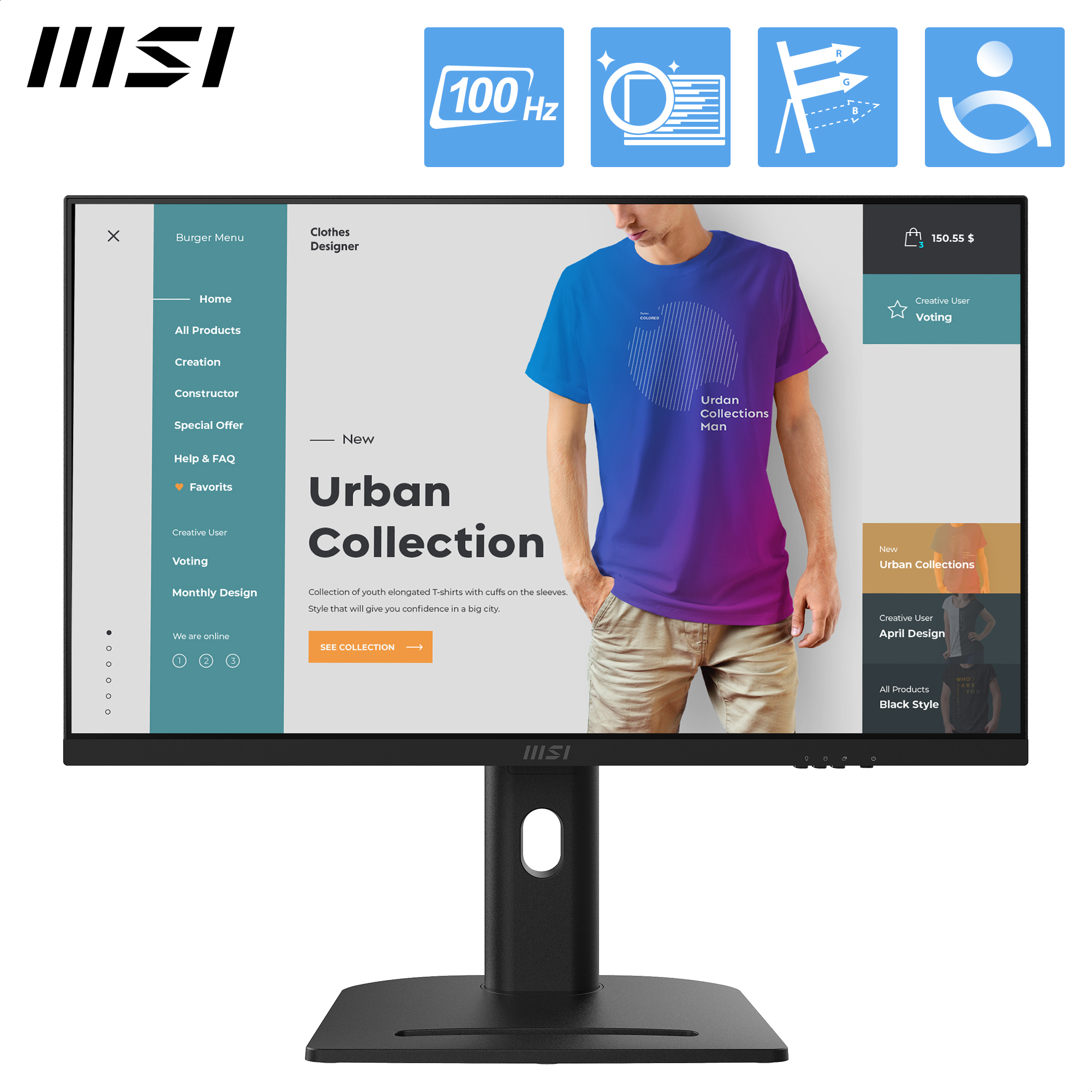 MSI-Monitor zeigt Website mit Kleidung. Mann trägt blaues Hemd. Der Monitor steht auf einem schwarzen Ständer.