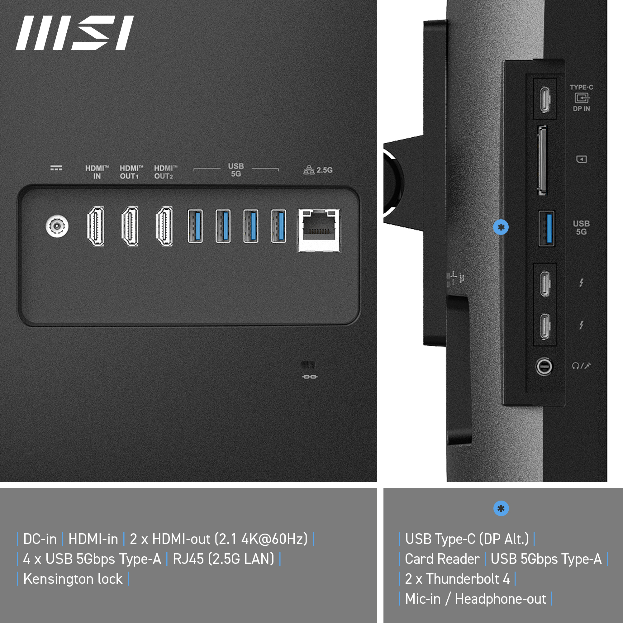 Schwarze Monitorrückseite mit Anschlüssen: HDMI, USB, Ethernet und Typ-C. Enthält einen Kensington-Lock-Steckplatz und Audioanschlüsse.