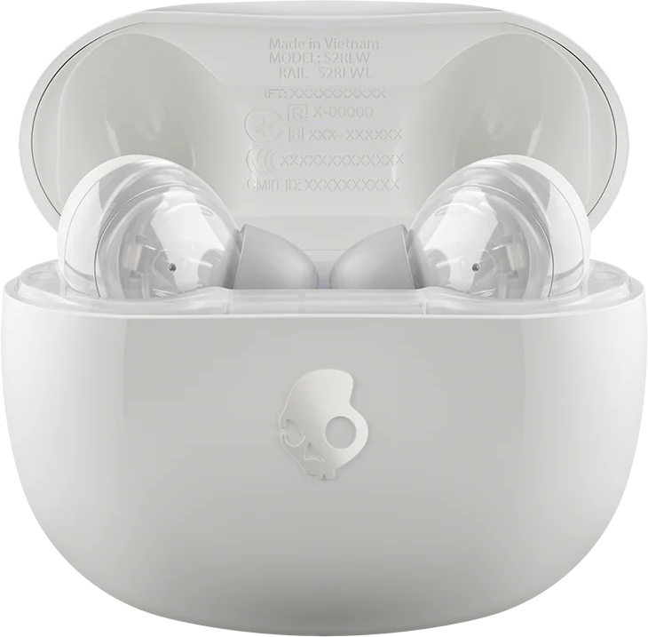 Weiße Skullcandy-Kopfhörer in einem weißen Etui. Das Etui ist geöffnet und zeigt die Kopfhörer. Text ist im Inneren des Etuis sichtbar.