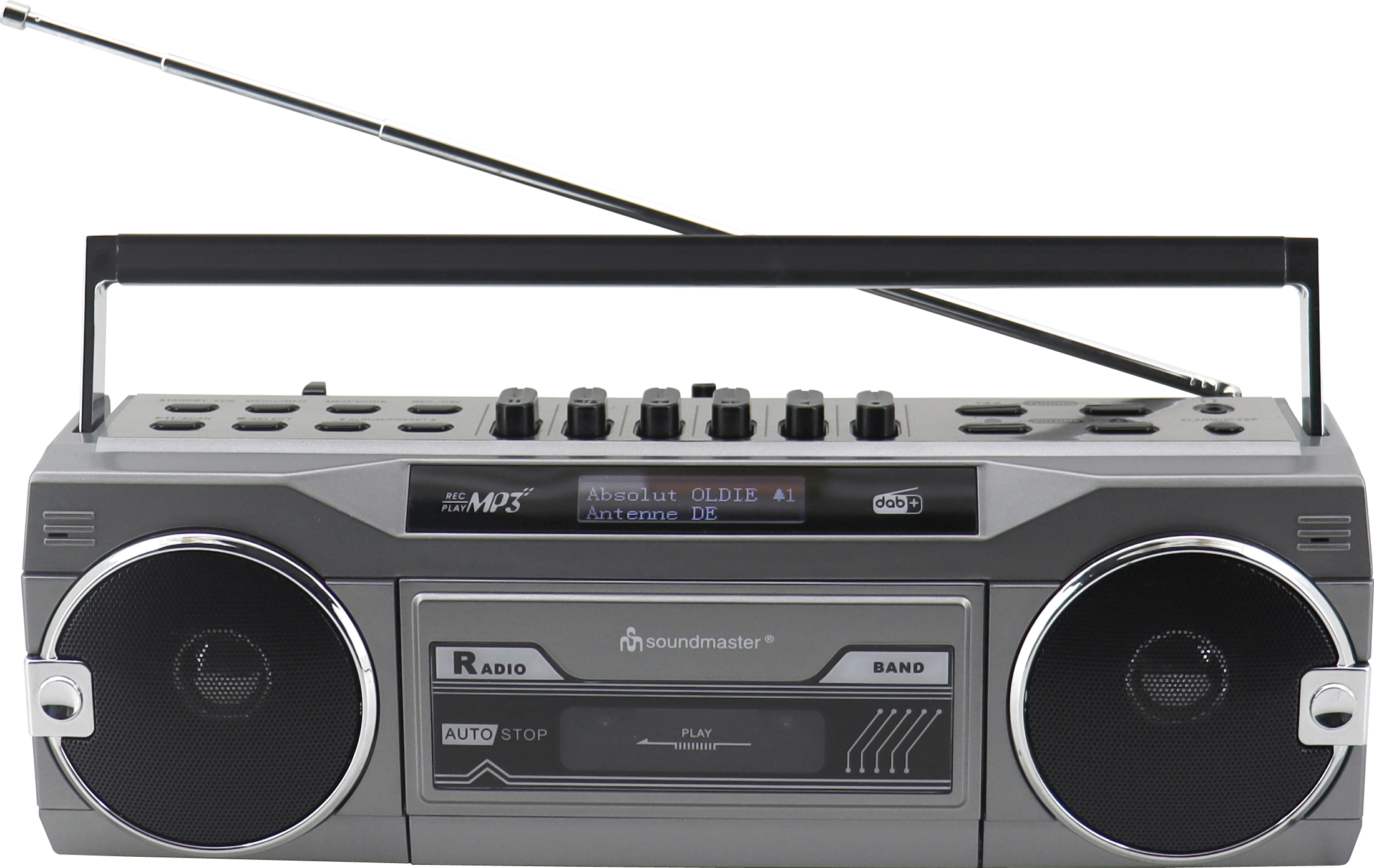 Grauer Ghettoblaster mit Antenne. Hat Lautsprecher, Knöpfe und ein LCD-Display. Zeigt Radiosender und 'soundmaster' Logo an.