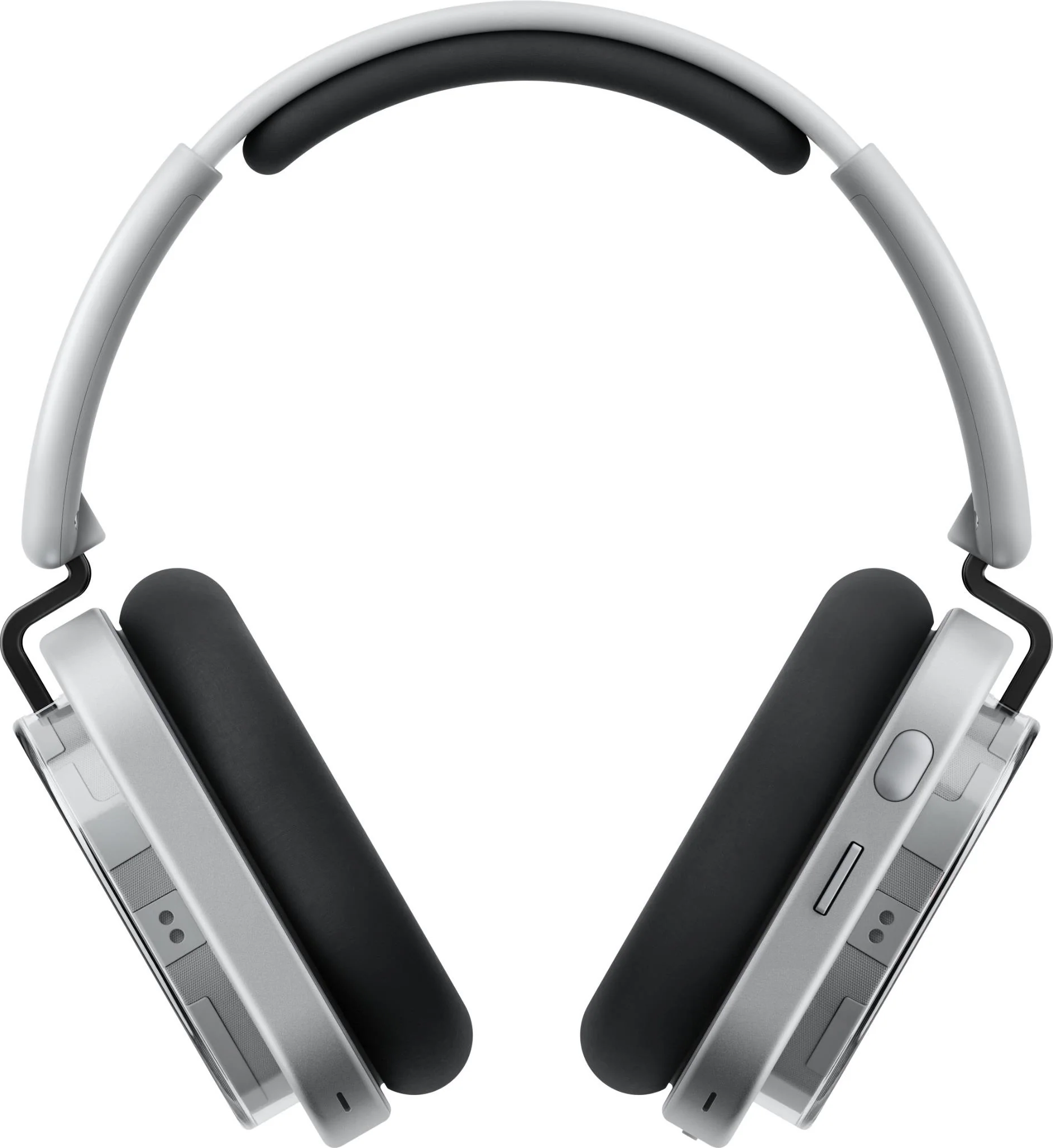 Casque avec bandeau blanc et écouteurs argentés. Les écouteurs ont un rembourrage noir. Le fond est blanc.