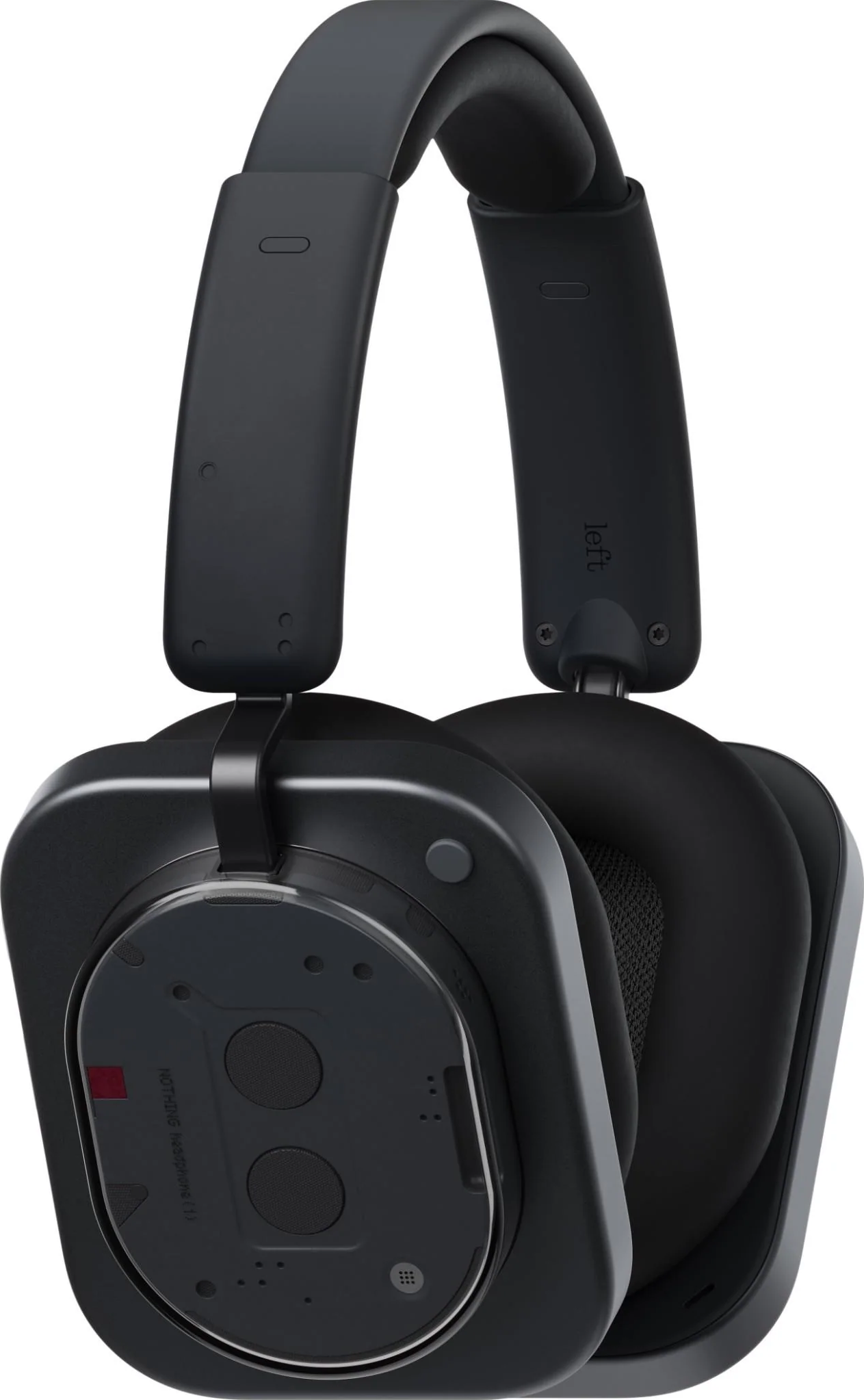 Casque noir avec un bandeau incurvé et des oreillettes. L'écouteur gauche porte le mot "gauche".
