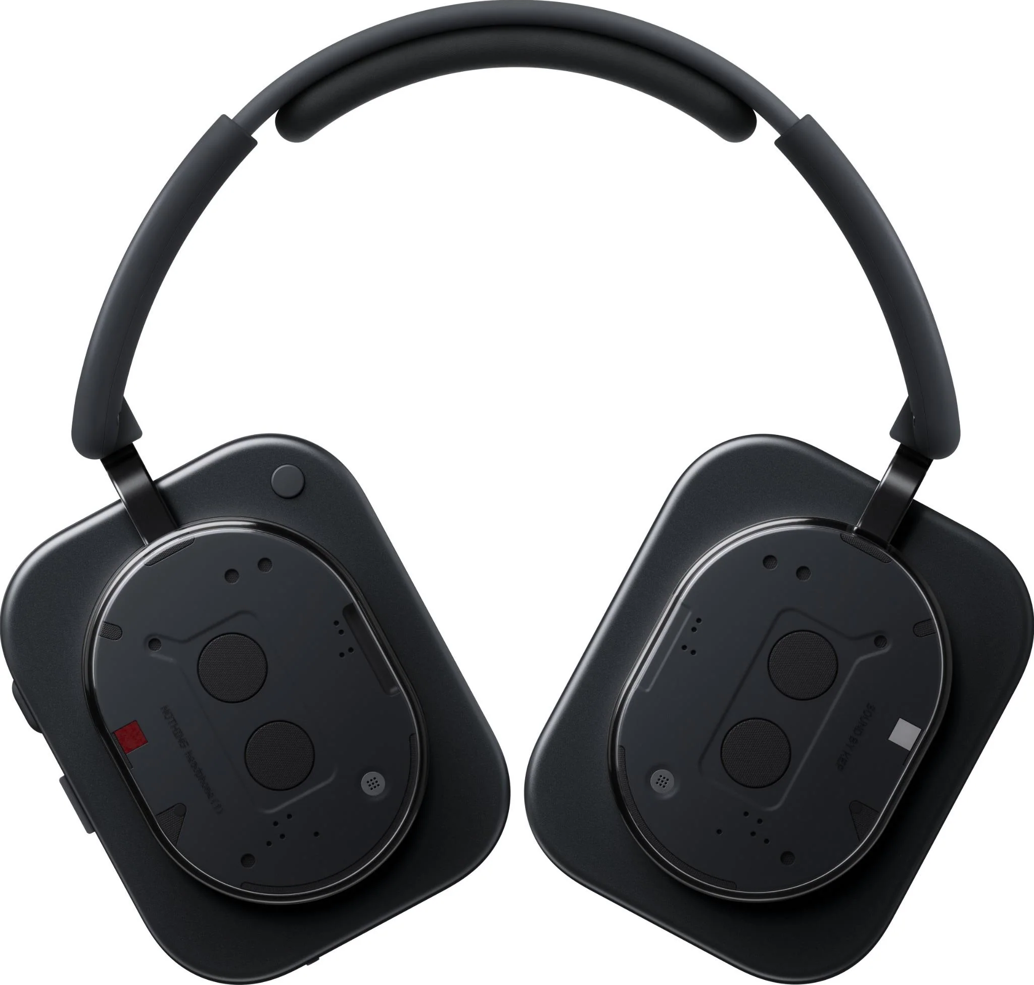 Casque supra-auriculaire noir. Les oreillettes sont rectangulaires avec des boutons circulaires. L'arceau est incurvé et relie les oreillettes.