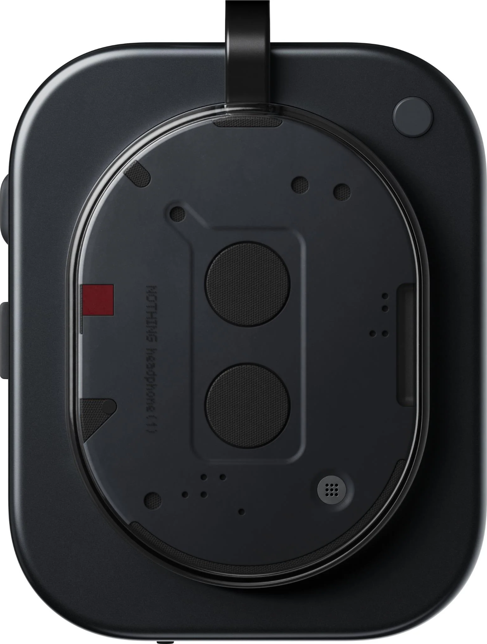 Casque noir avec deux haut-parleurs circulaires, un carré rouge et le texte 'NOTHING Headphone (1)'.