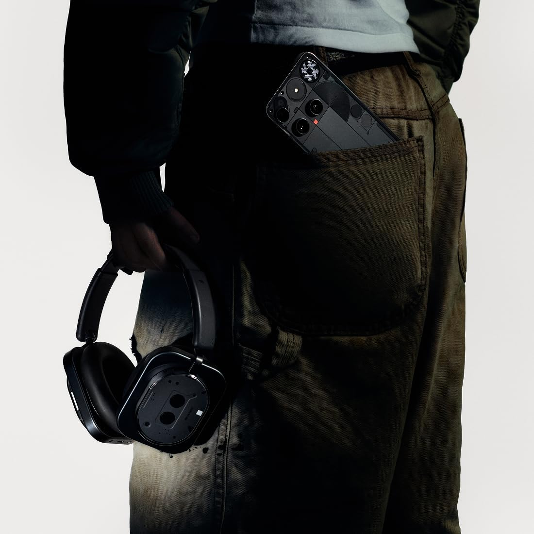 Personne tenant un casque noir, téléphone dans la poche. Portant un pantalon et une veste vert olive. Fond blanc.