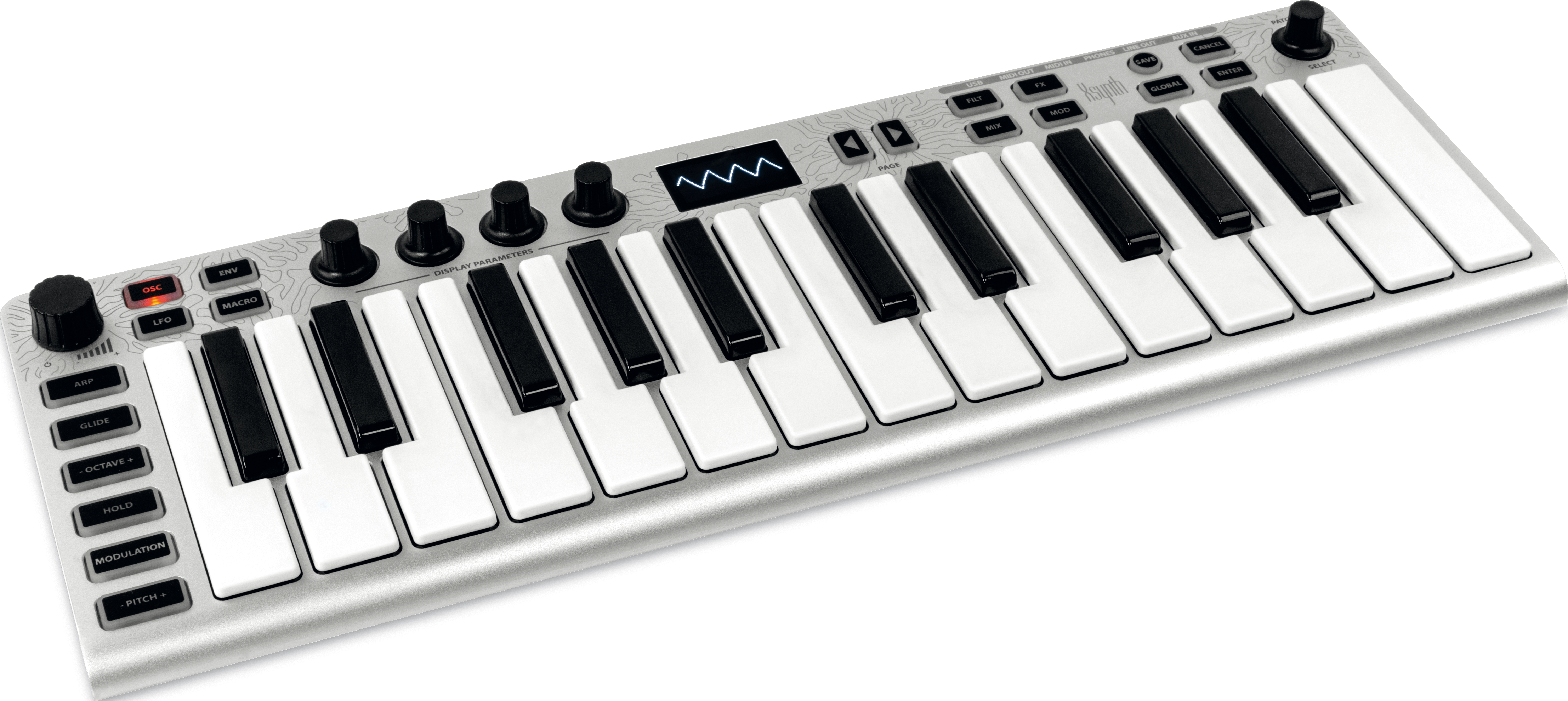 Un clavier argenté avec des touches noires et blanches. Il possède des boutons, des touches et un écran. L'agencement est compact.