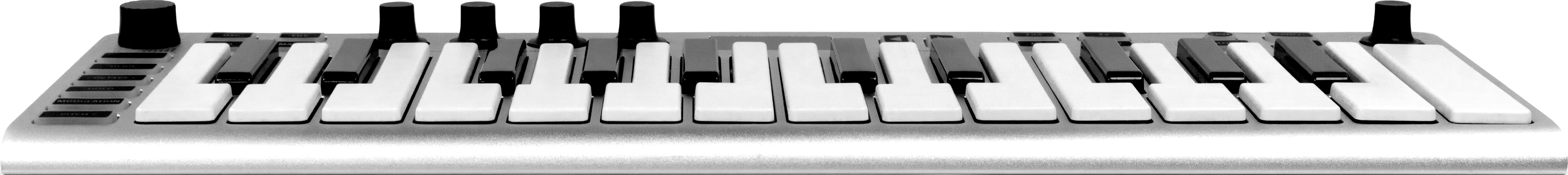 Un petit clavier MIDI argenté. Il possède des touches blanches et noires, et des boutons sur le dessus.