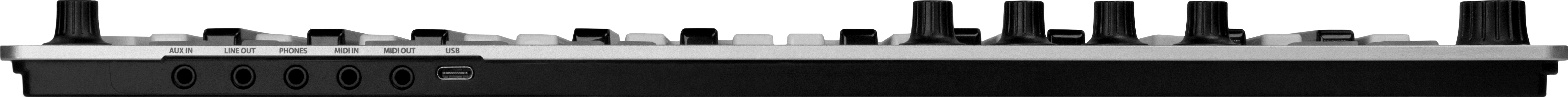 Synthétiseur noir et argenté. Boutons, touches et ports visibles. Ports AUX IN, LINE OUT, PHONES, MIDI IN, MIDI OUT et USB.