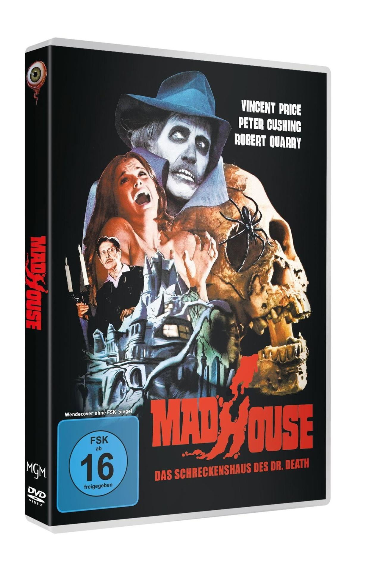 DVD-Cover von 'Madhouse'. Enthält Vincent Price, einen Totenkopf, eine schreiende Frau, ein Schloss und eine Spinne. Dunkler Hintergrund.