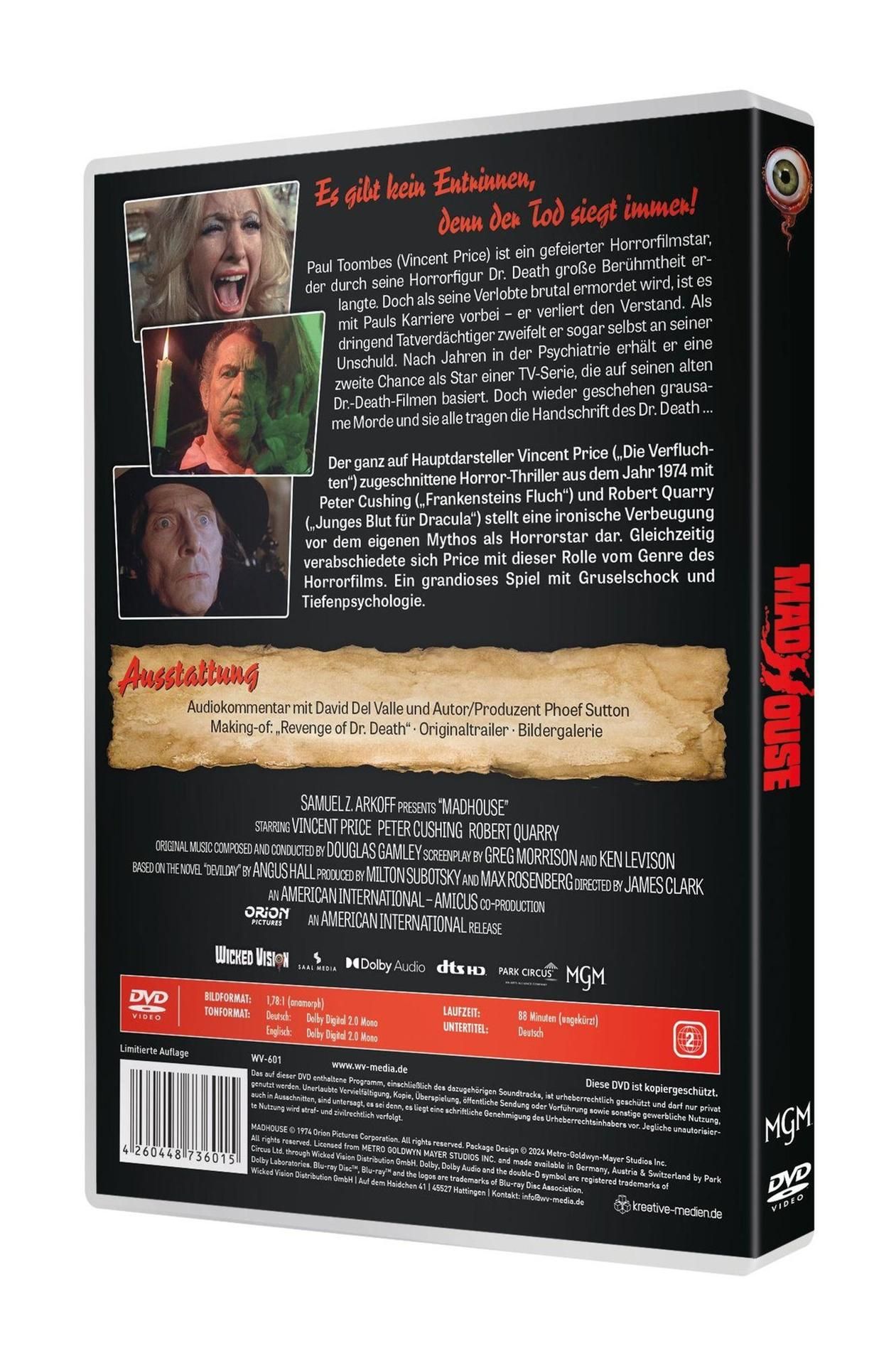 DVD-Cover mit Vincent Price. Text: Madhouse. Eine Frau schreit. Andere Schauspieler werden gezeigt. Text auf Deutsch.