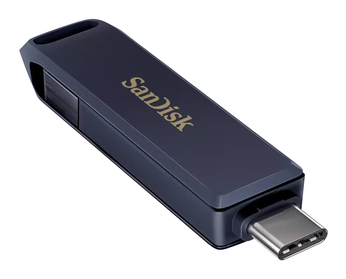 Ciemnoniebieski pendrive Sandisk ze srebrnym złączem USB-C na czarnym tle. Logo Sandisk jest złote.