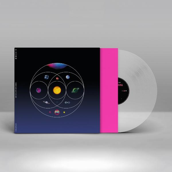 Album borítója bolygókkal körökben. Rózsaszín borító és átlátszó vinyl lemez látható.