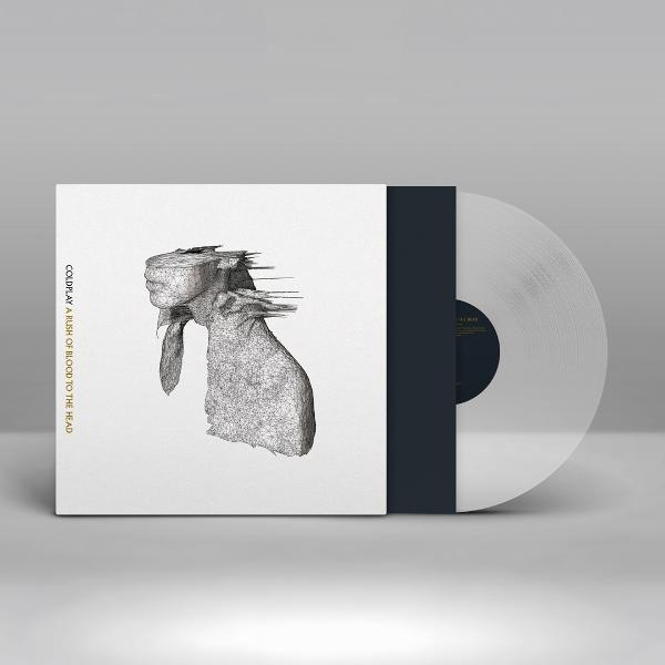 A Coldplay 'A Rush of Blood to the Head' című albumának borítója. Szürke, drótváz fej fehér alapon, bakelitlemez.