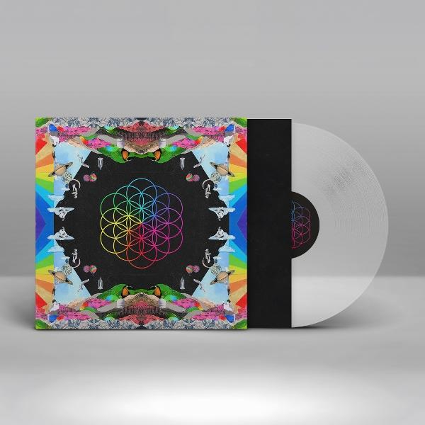 Un album vinyle. La couverture est colorée, avec un arc-en-ciel, des papillons et un motif géométrique. Le disque est argenté.