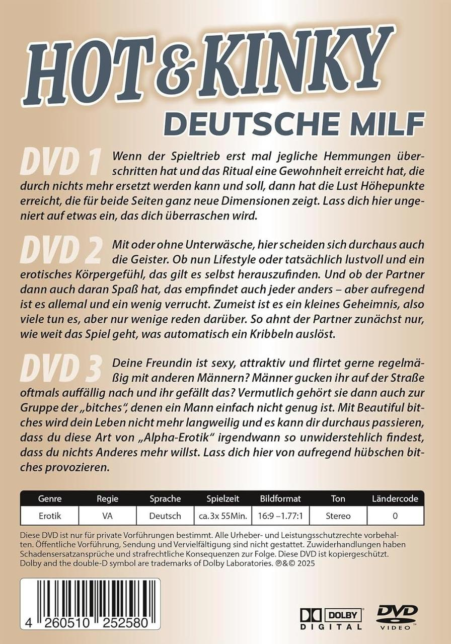DVD-Cover mit Text "HOT & KINKY DEUTSCHE MILF". Text beschreibt den Inhalt der DVD und ihre Eigenschaften.
