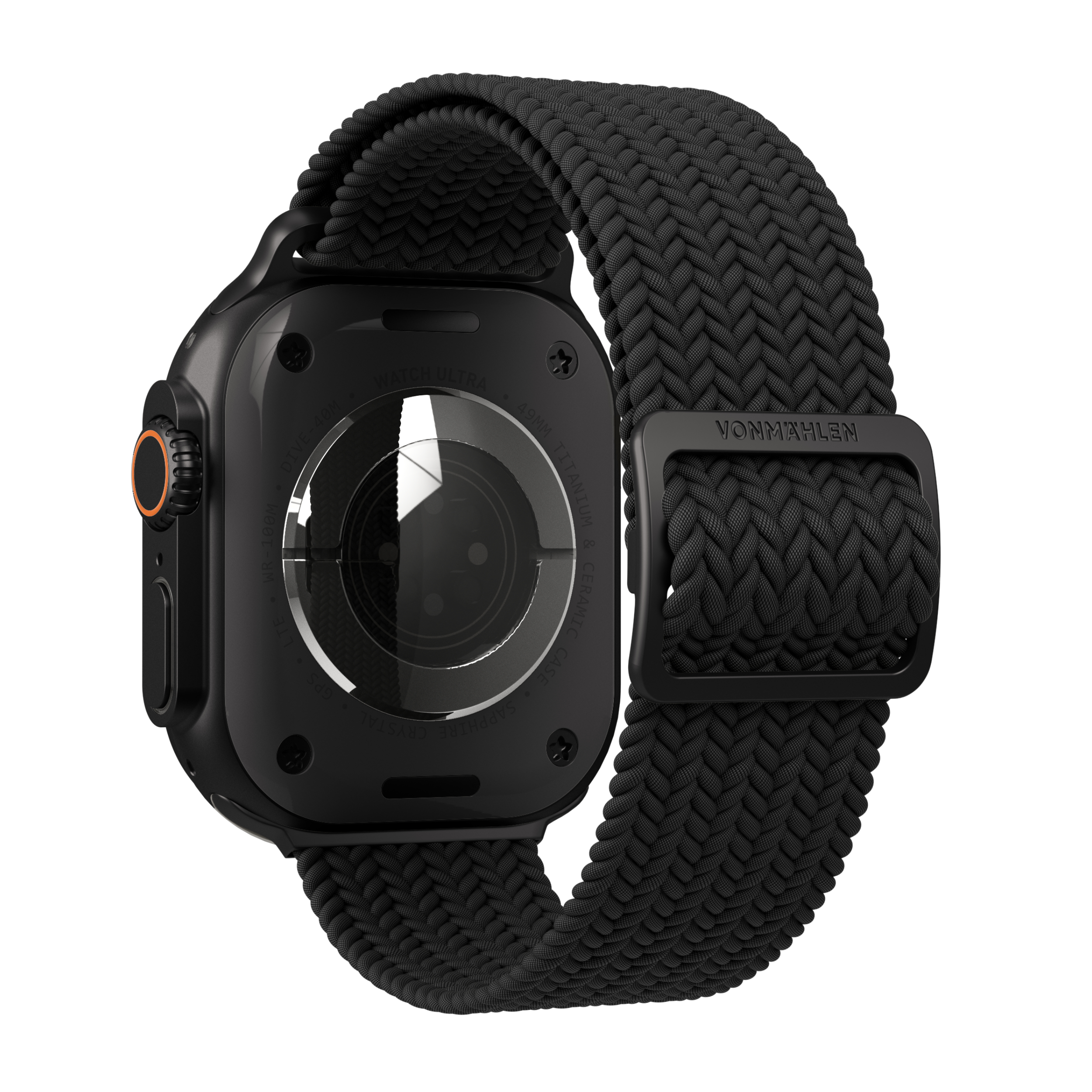 Schwarze Apple Watch Ultra mit schwarzem geflochtenem Armband. Die Uhr zeigt die Rückseite mit Text und Linse.