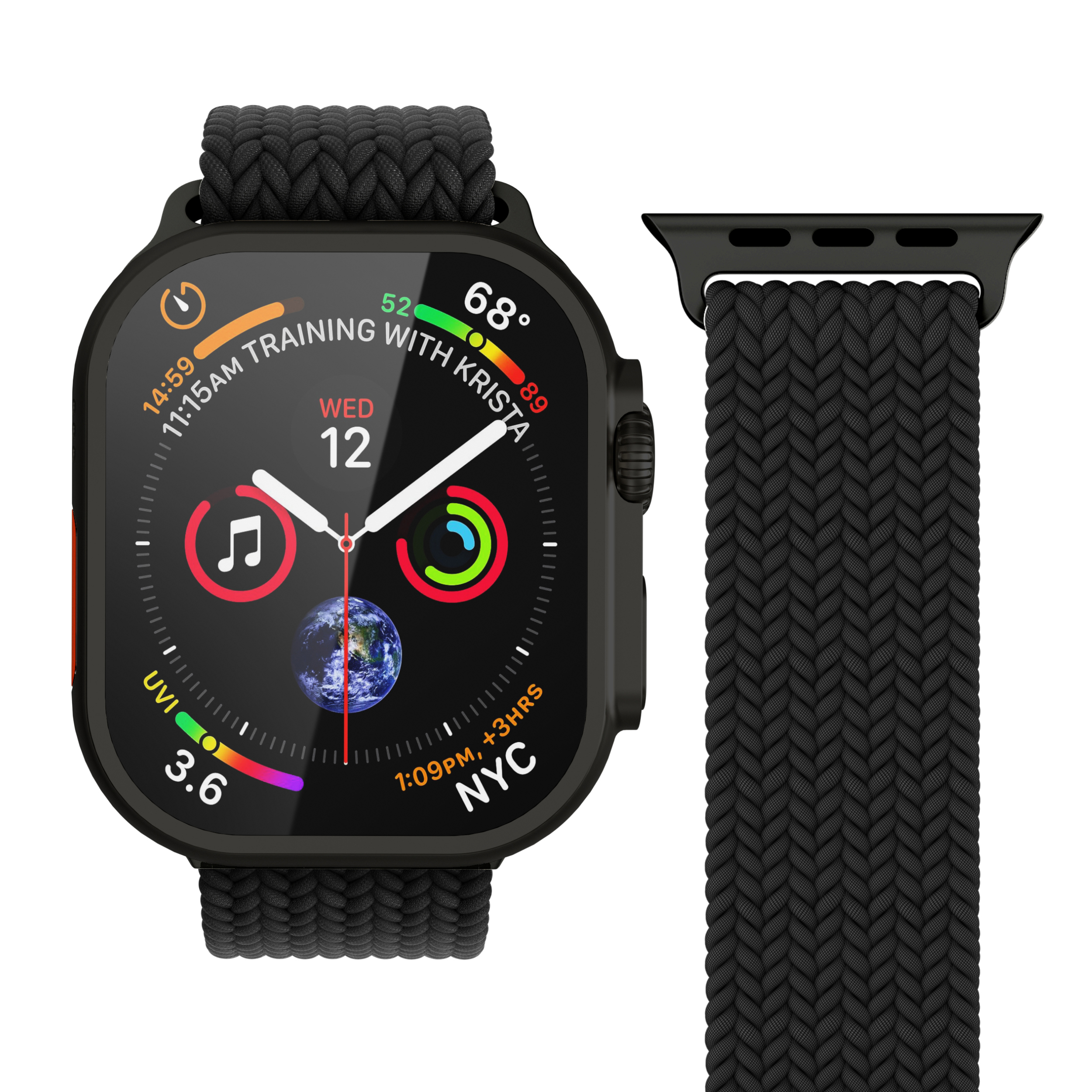 Schwarze Smartwatch mit schwarzem geflochtenem Band. Das Zifferblatt zeigt Zeit, Wetter und Gesundheitsdaten. Ein separates Band wird ebenfalls gezeigt.