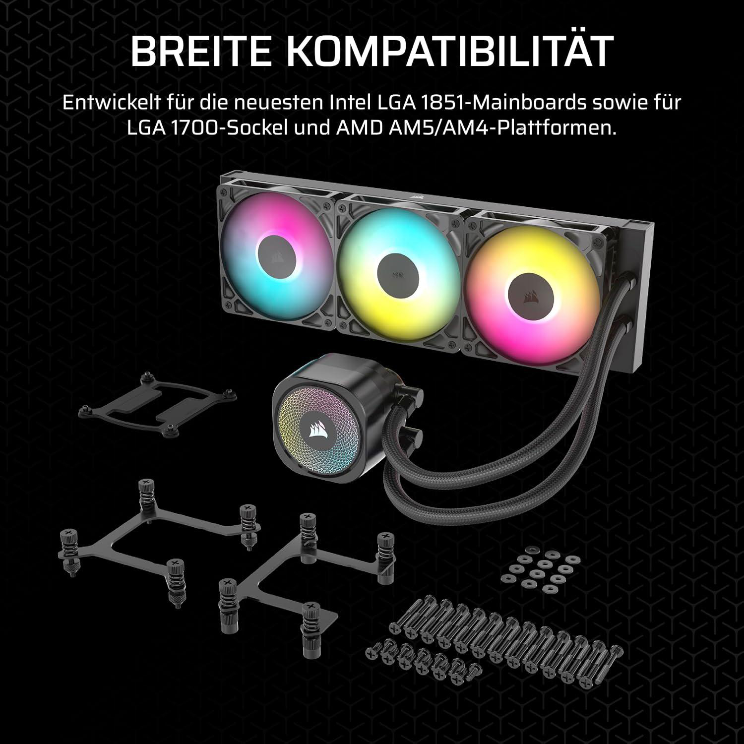 Computerkomponenten: ein Flüssigkeitskühler mit Regenbogenlüftern und Montagezubehör auf schwarzem Hintergrund. Text: BREITE KOMPATIBILITÄT.