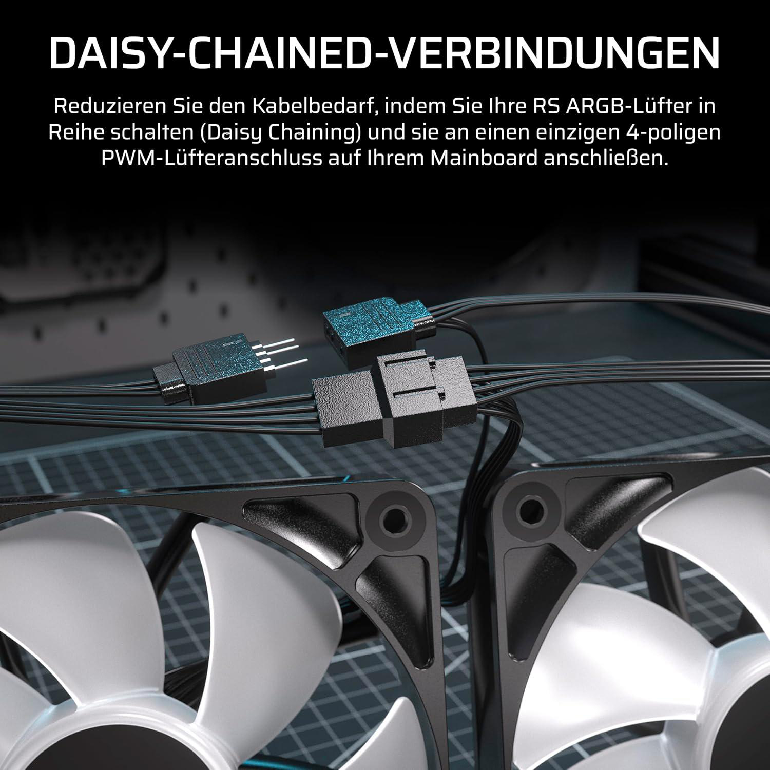 Nahaufnahme von Lüfterkomponenten und Kabeln. Unten sind zwei weiße Lüfter. Kabel verbinden sich mit schwarzen Steckern.