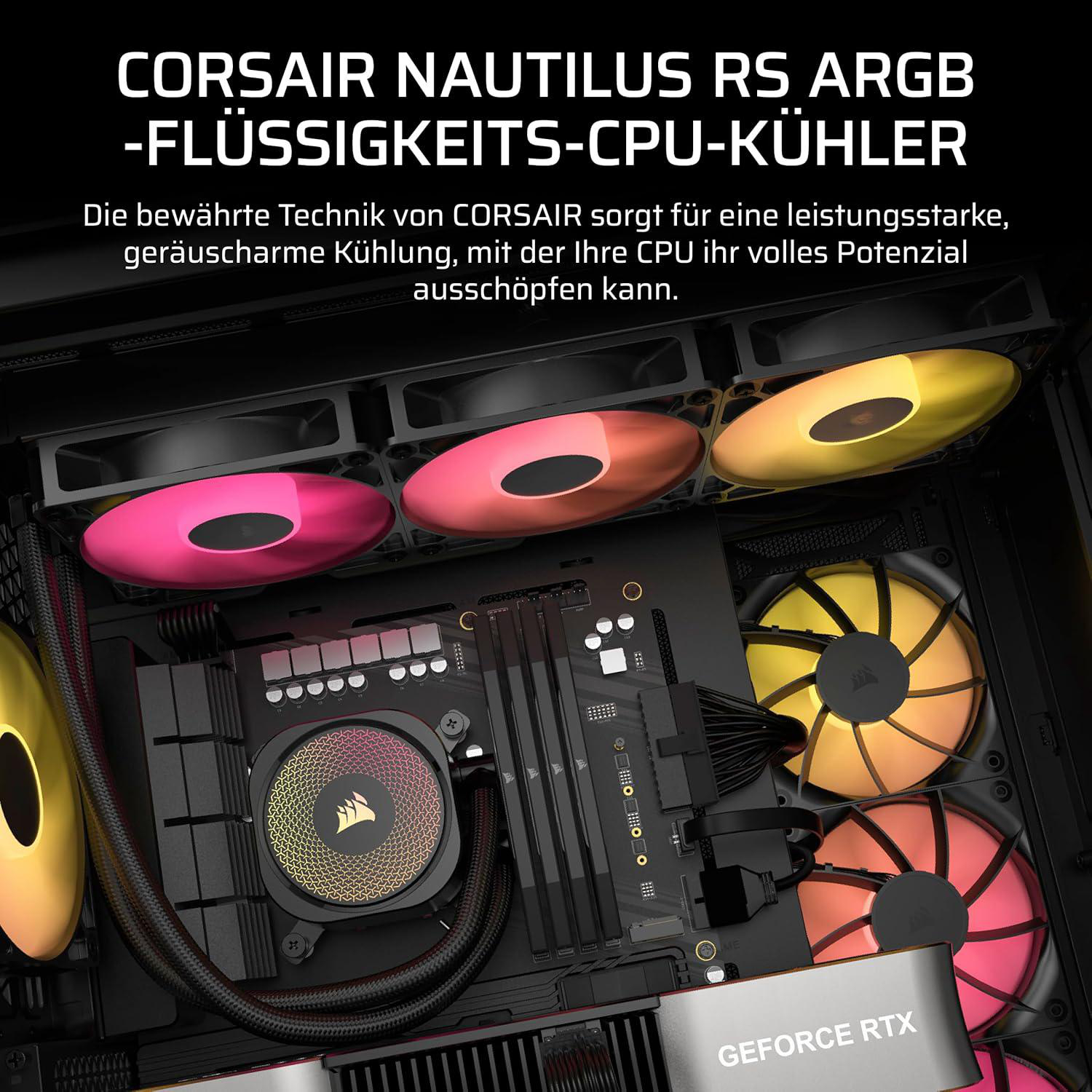 PC-Komponenten, einschließlich Lüftern mit bunten Lichtern. Ein Prozessorkühlsystem ist im Computergehäuse installiert, mit einem GeForce RTX-Logo.