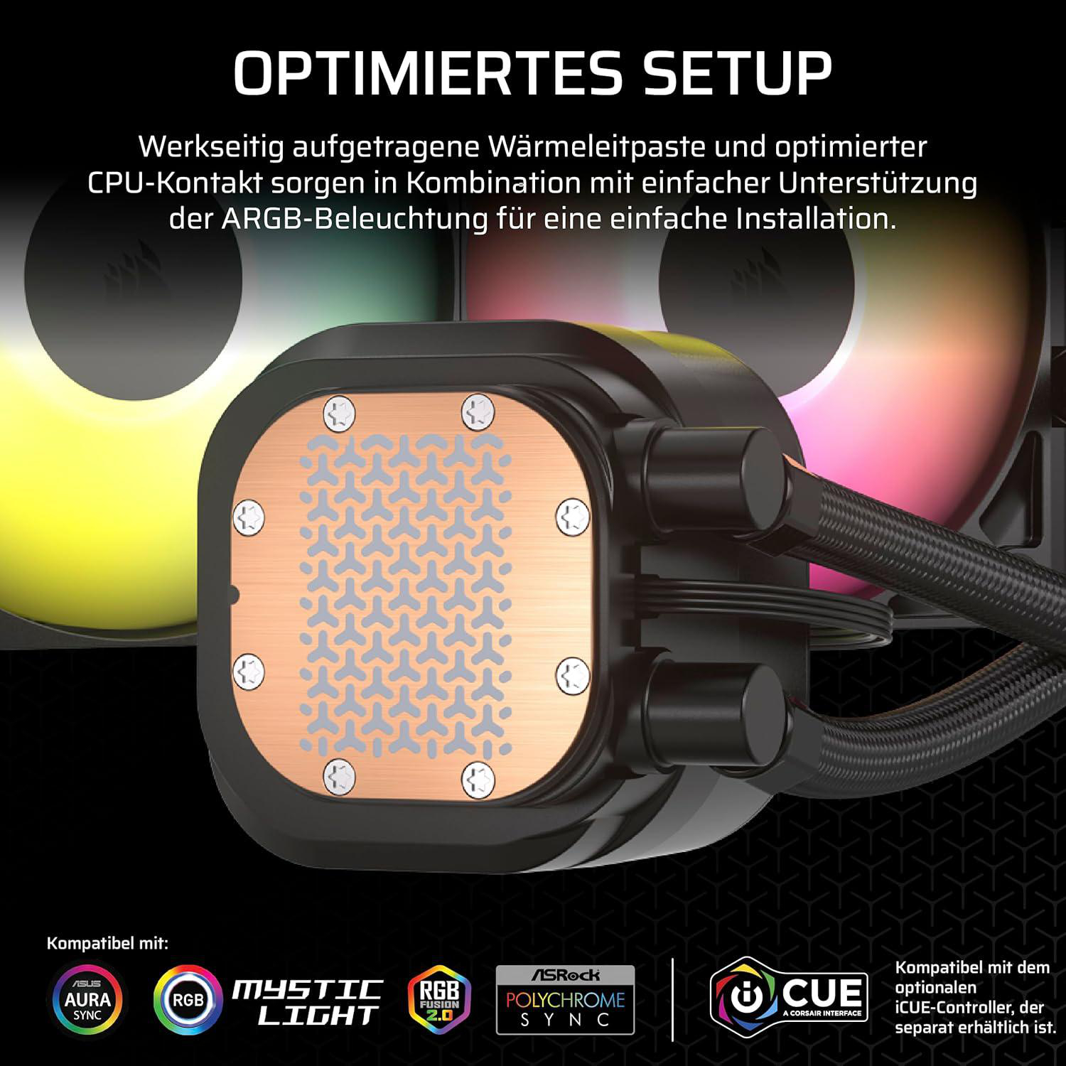 Nahaufnahme eines CPU-Kühlers mit Kupfer- und schwarzen Elementen. Der Hintergrund hat RGB-Beleuchtung. Text enthält Kompatibilitätslogos.