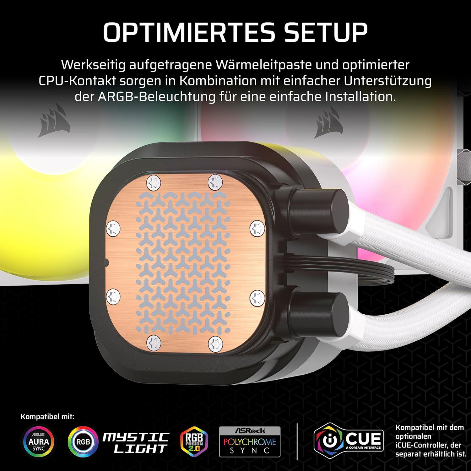 Ein Kupfer-CPU-Kühler mit weißen Schläuchen und ARGB-Beleuchtung. Logos für ASUS, MSI und ASRock sind sichtbar.