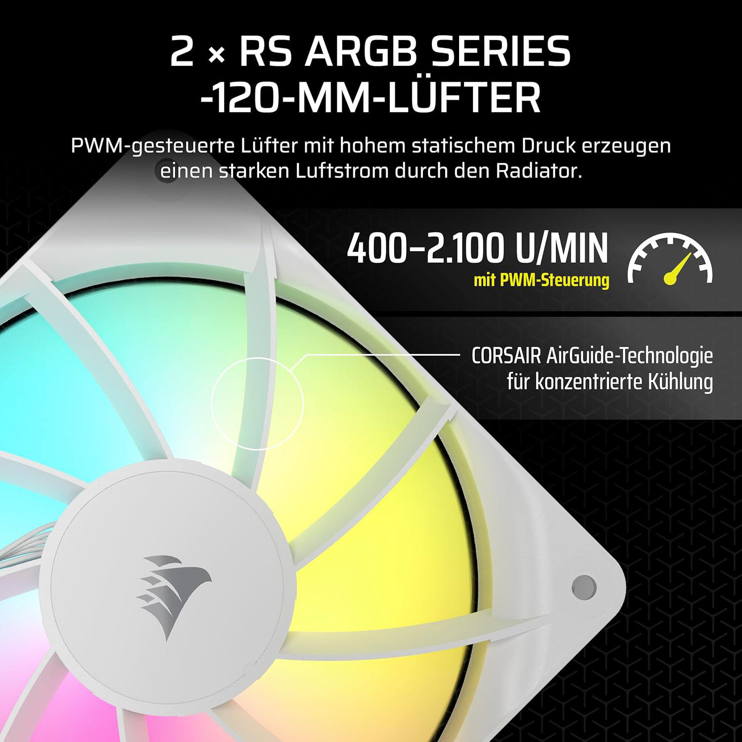 Ein weißer Computerlüfter mit RGB-Beleuchtung. Er hat ein Logo in der Mitte und Text, der seine Eigenschaften beschreibt.