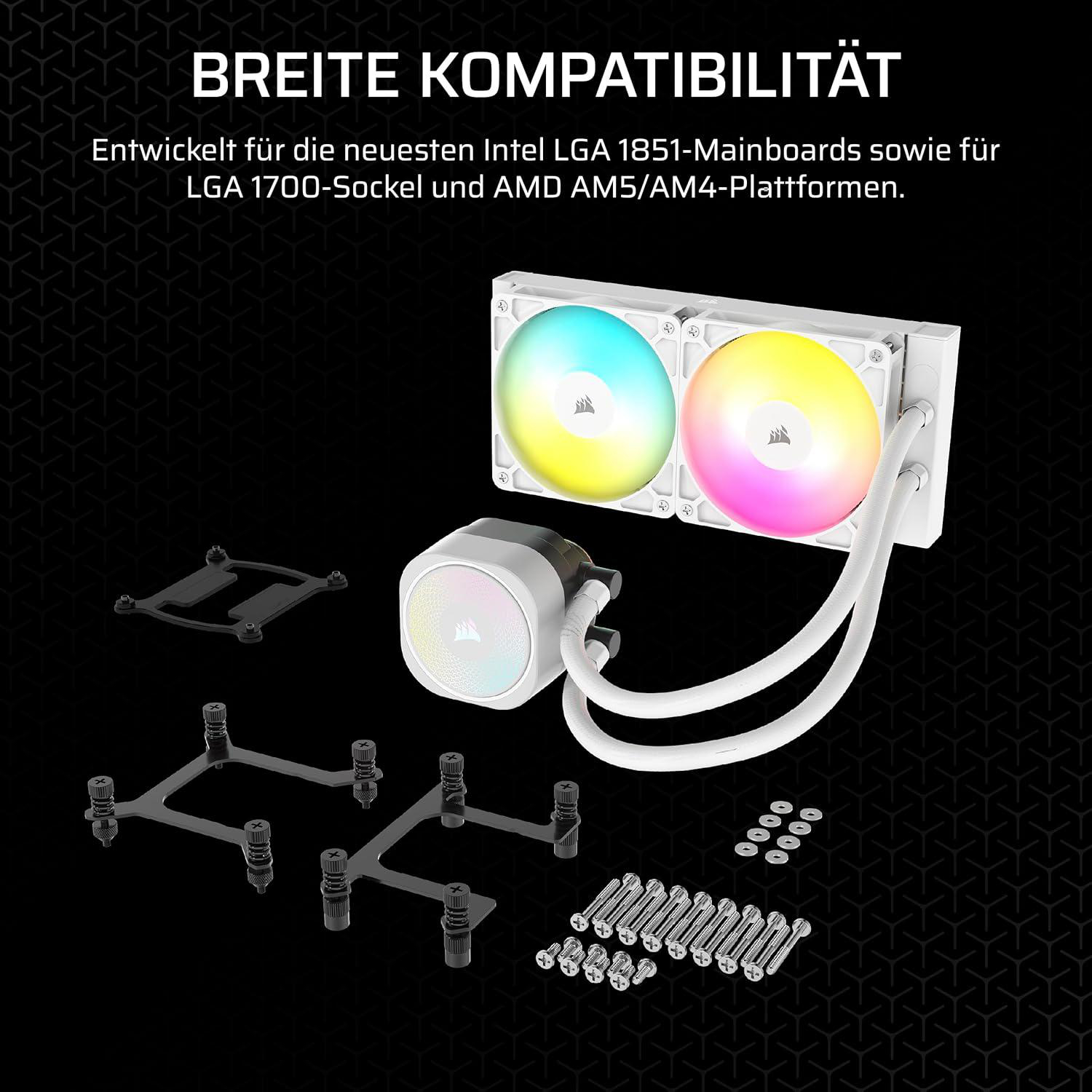 Ein Flüssigkeitskühlsystem für Computer mit Komponenten wie Lüftern, Pumpe, Halterungen und Schrauben auf schwarzem Hintergrund.