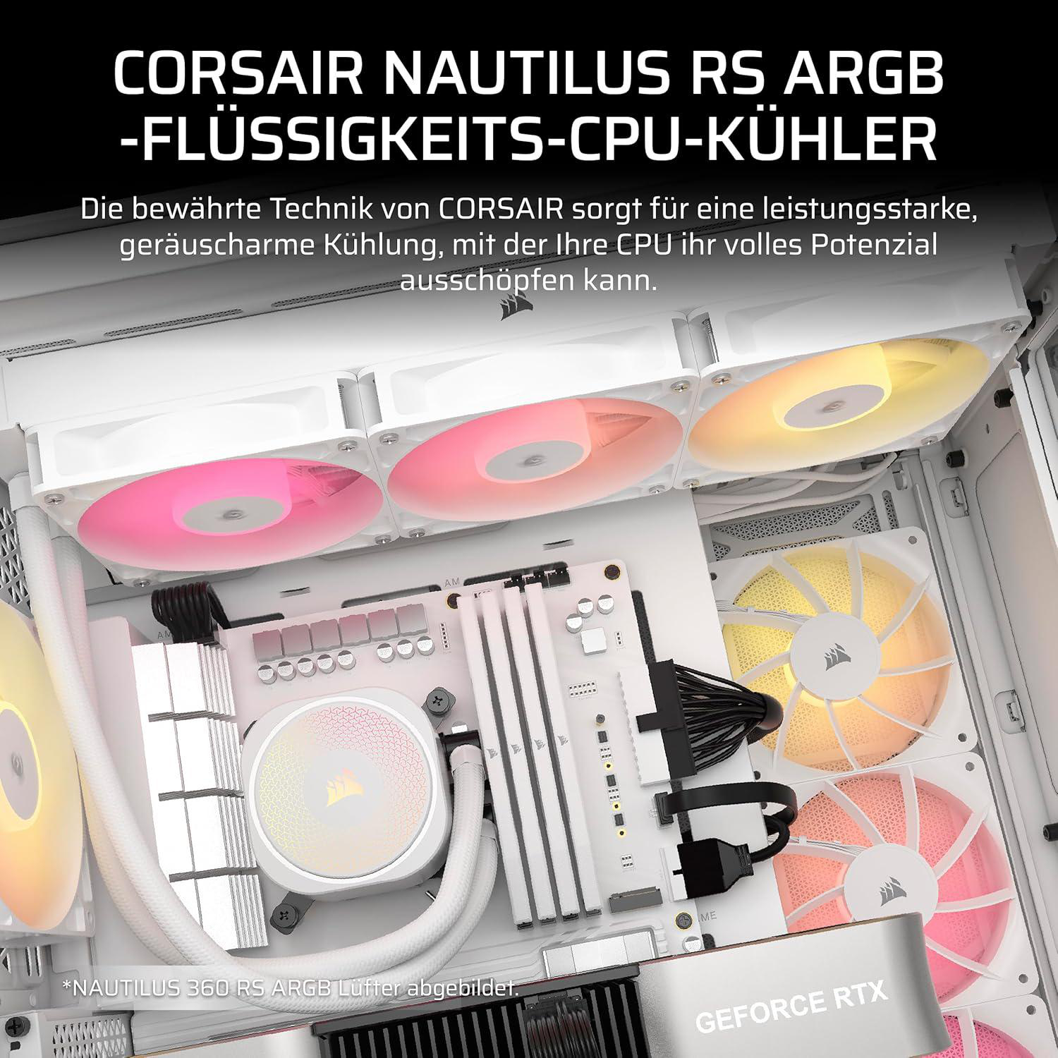 Innenraum eines Computergehäuses mit Wasserkühler. Lüfter mit bunten Lichtern sind sichtbar. Der Text lautet 'CORSAIR NAUTILUS RS ARGB'.
