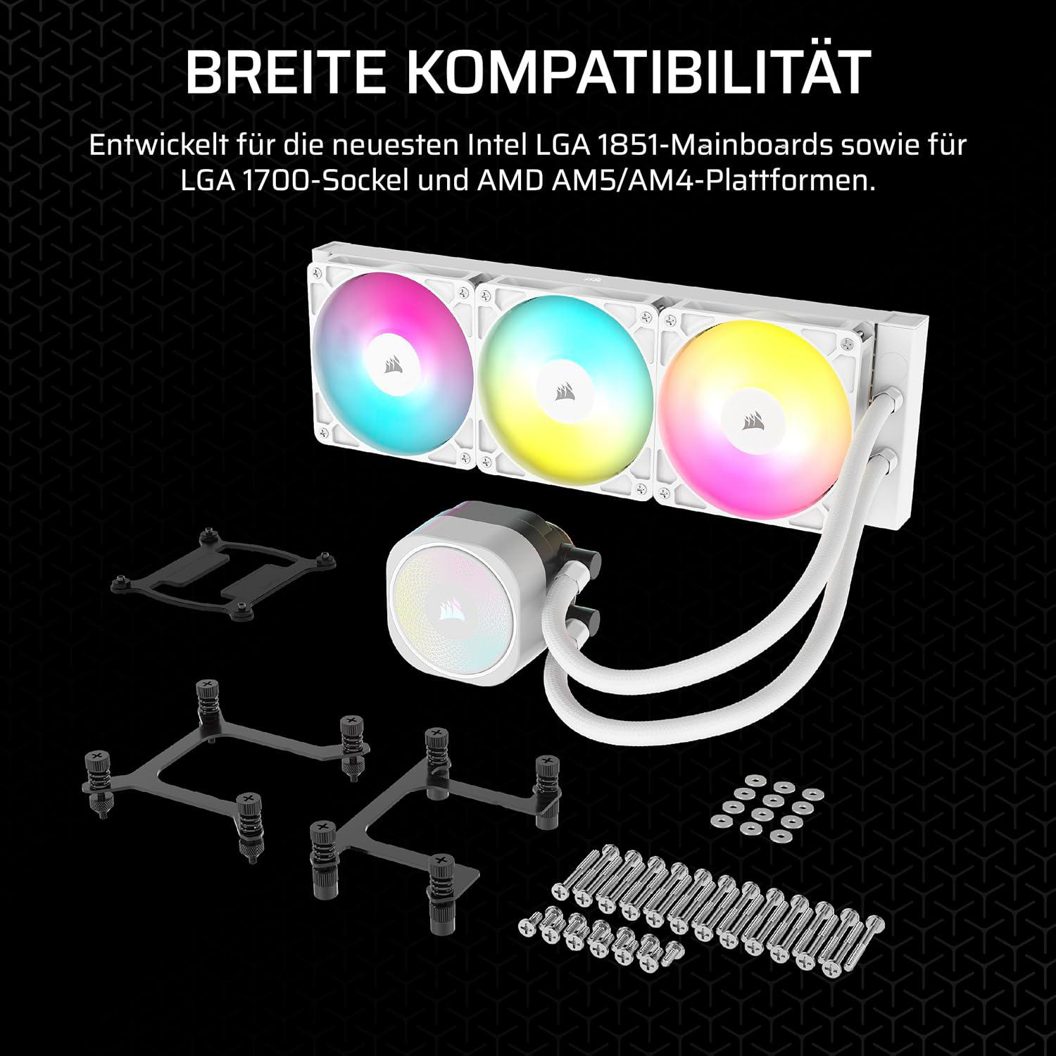 Ein Computer-Kühlsystem mit drei RGB-Lüftern und einer Pumpe sowie Befestigungshardware wird vor schwarzem Hintergrund gezeigt.