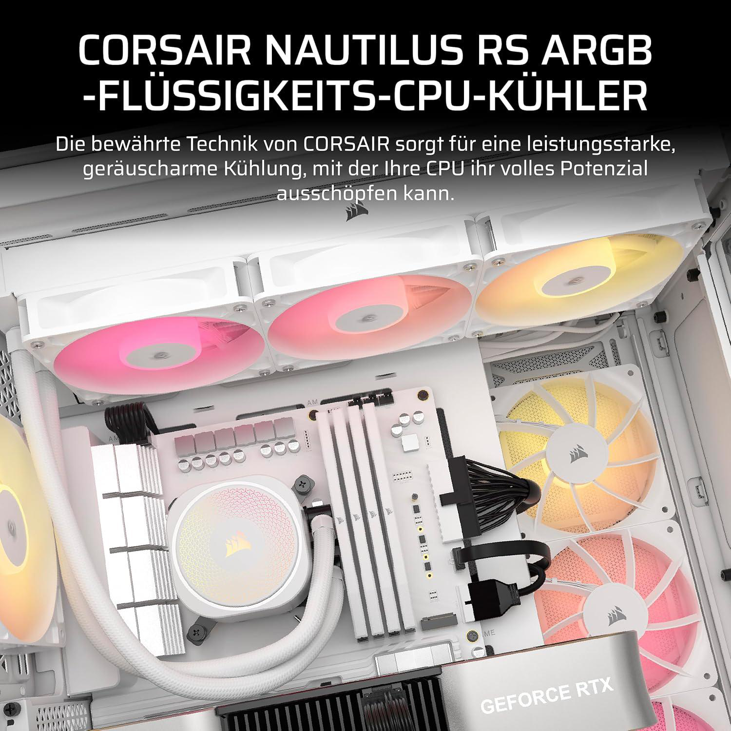 PC-Komponenten mit leuchtenden Lüftern, CPU-Kühler und Motherboard. Der Text lautet Corsair Nautilus RS ARGB und GeForce RTX.