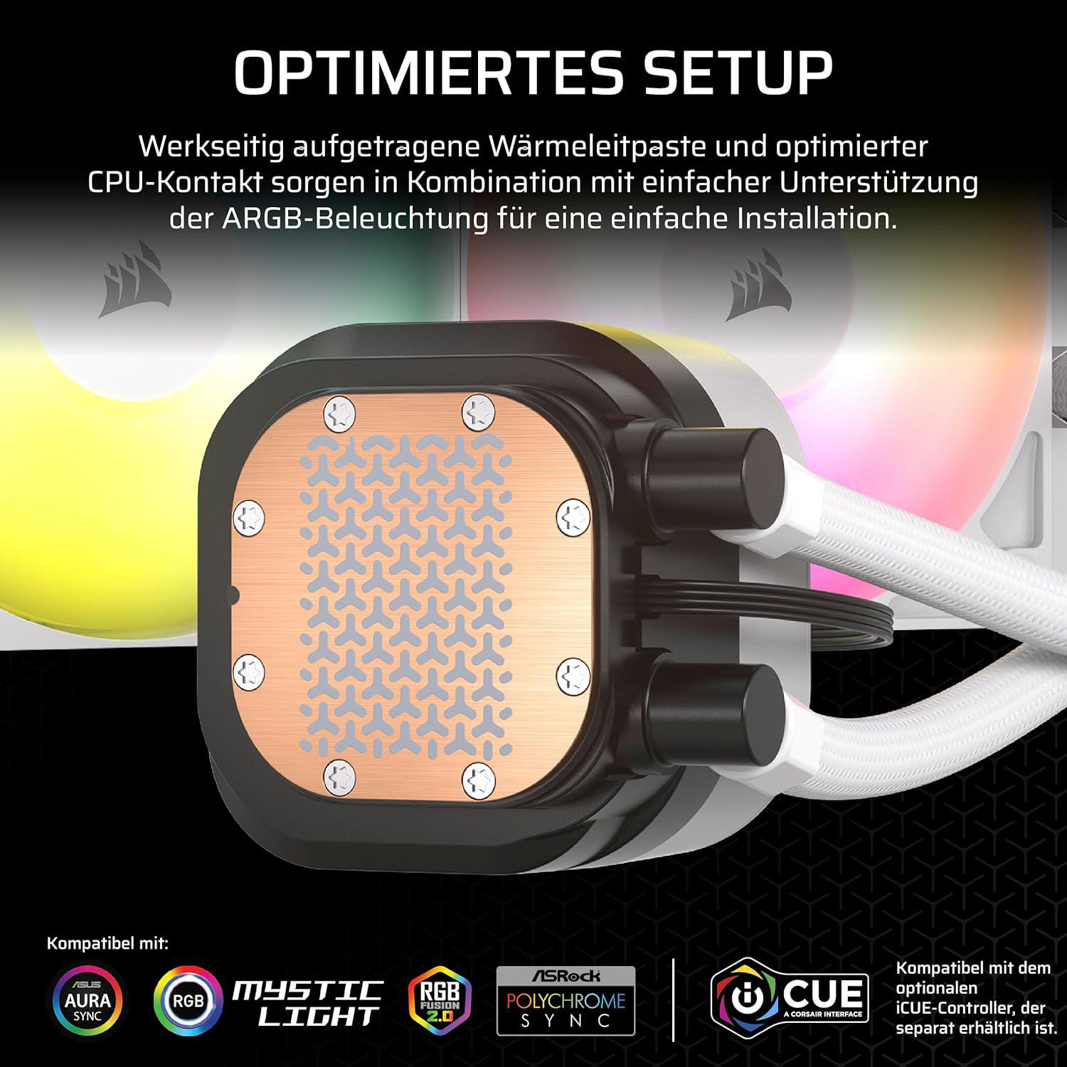 Ein schwarzer und kupferfarbener CPU-Kühler mit weißen Schläuchen. Text sagt optimiertes Setup. RGB-Logos unten.