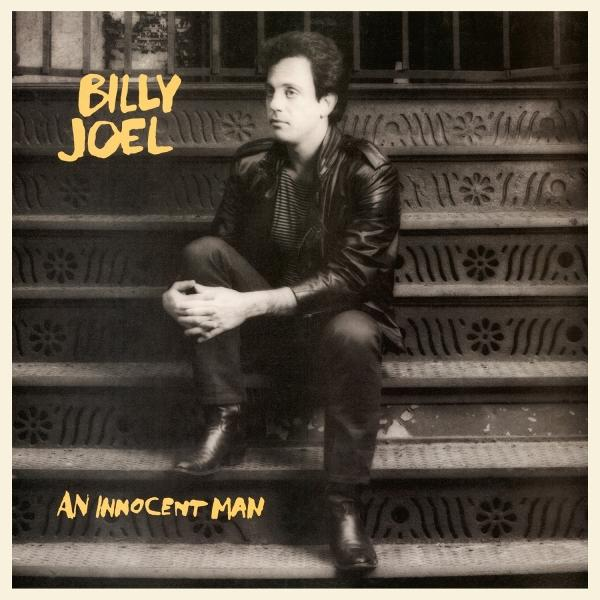 Billy Joel album borítója. Lépcsőn ül, bőrdzsekiben. Cím: An Innocent Man.