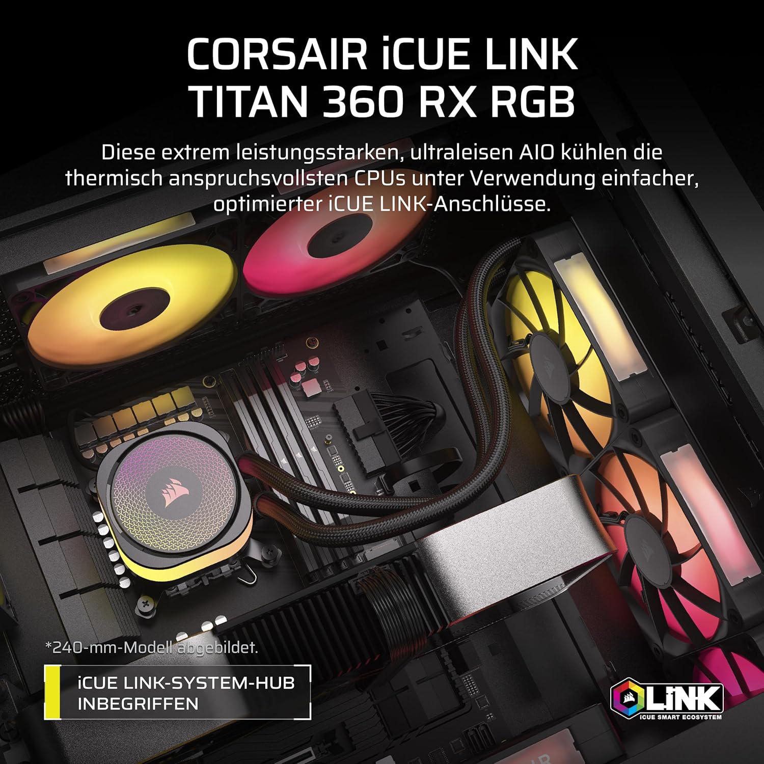 PC-Innenraum mit Flüssigkeitskühler und farbig beleuchteten Lüftern. Text: Corsair iCUE LINK TITAN 360 RX RGB.