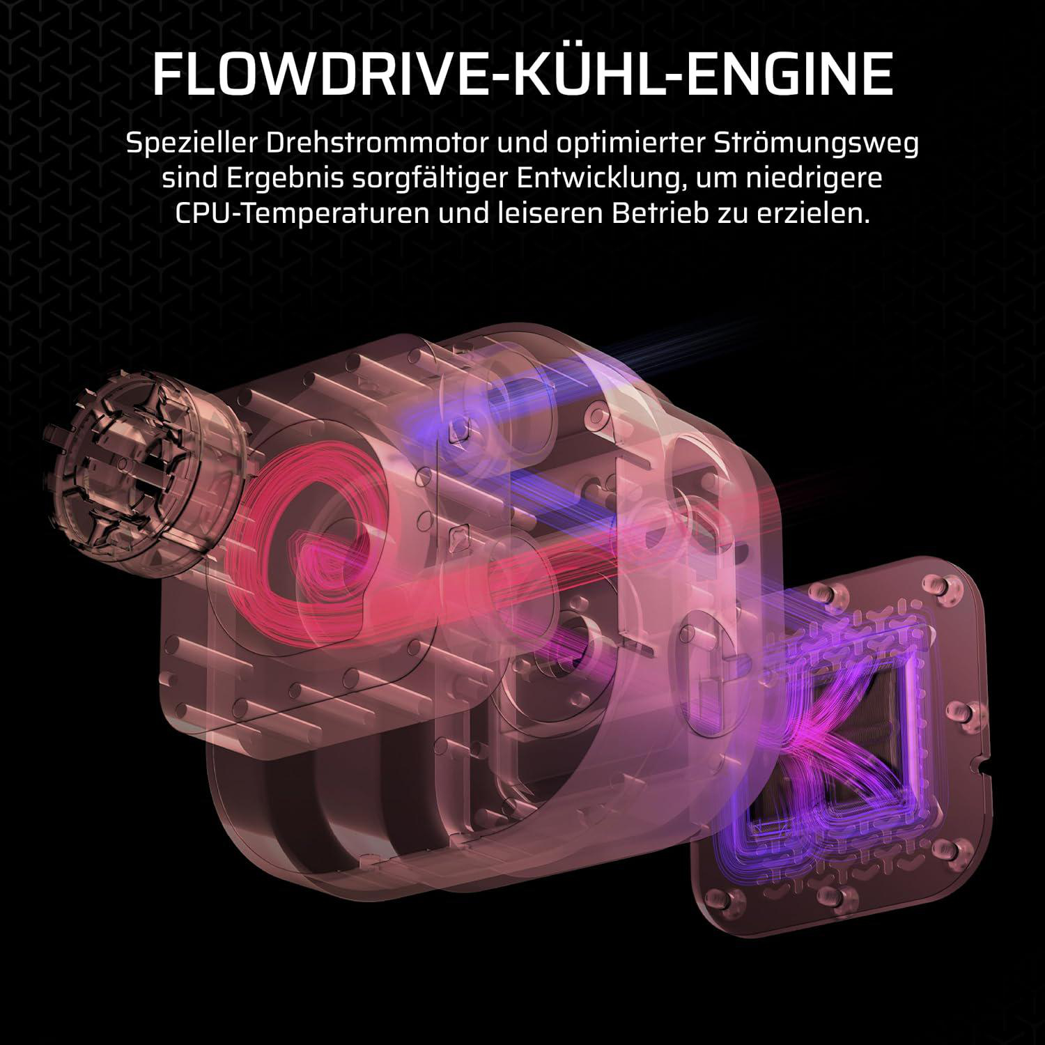Transparenter Kühler mit roten und violetten Strömungslinien. Text: FLOWDRIVE-KÜHL-ENGINE.