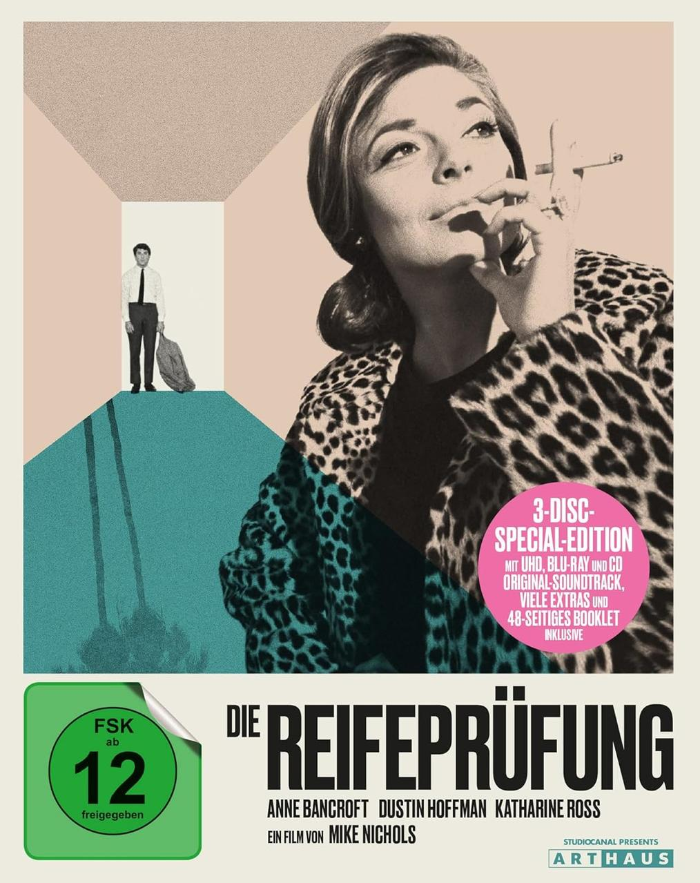 Poster für The Graduate. Eine Frau raucht, ein Mann steht in einer Tür. Leopardenfellmantel, grünes FSK-Rating. Text auf Deutsch.