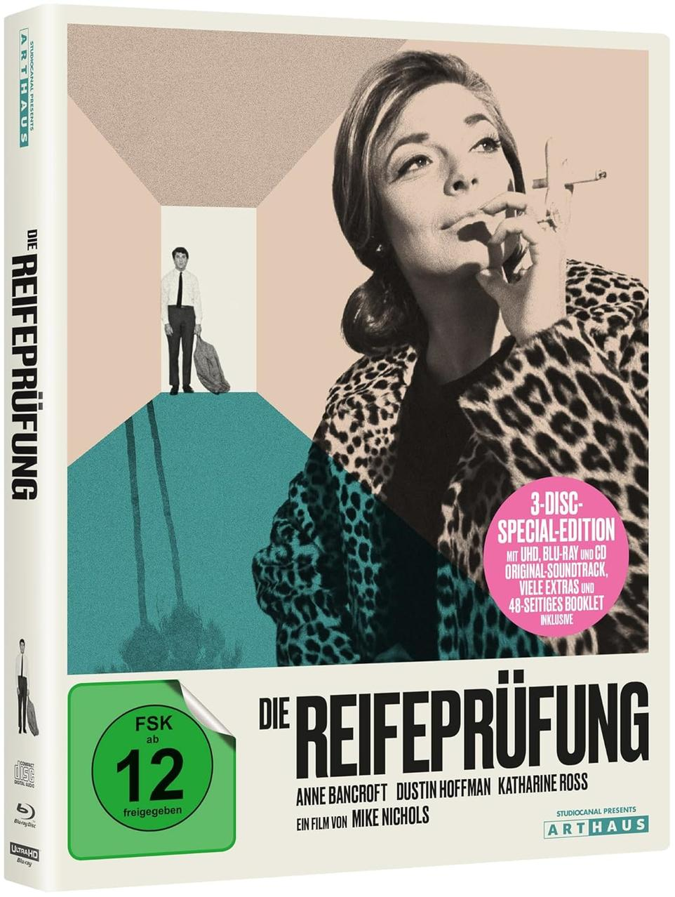 Filmcover von 'The Graduate'. Frau im Leopardenmantel raucht. Mann im Anzug steht in einem Raum, grüner Kreis und Text.
