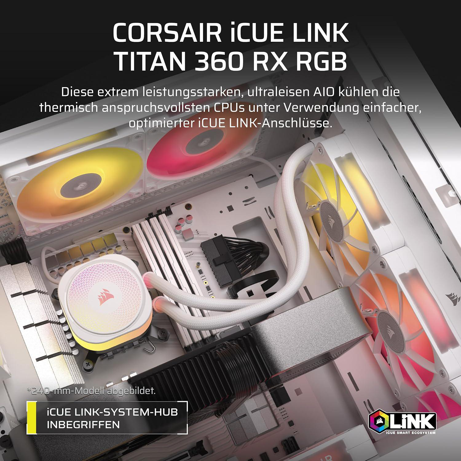 Ein Computergehäuse mit einem Corsair iCUE LINK Titan 360 RX RGB Kühler. Lüfter leuchten rot, gelb und weiß. Text: CORSAIR iCUE LINK.