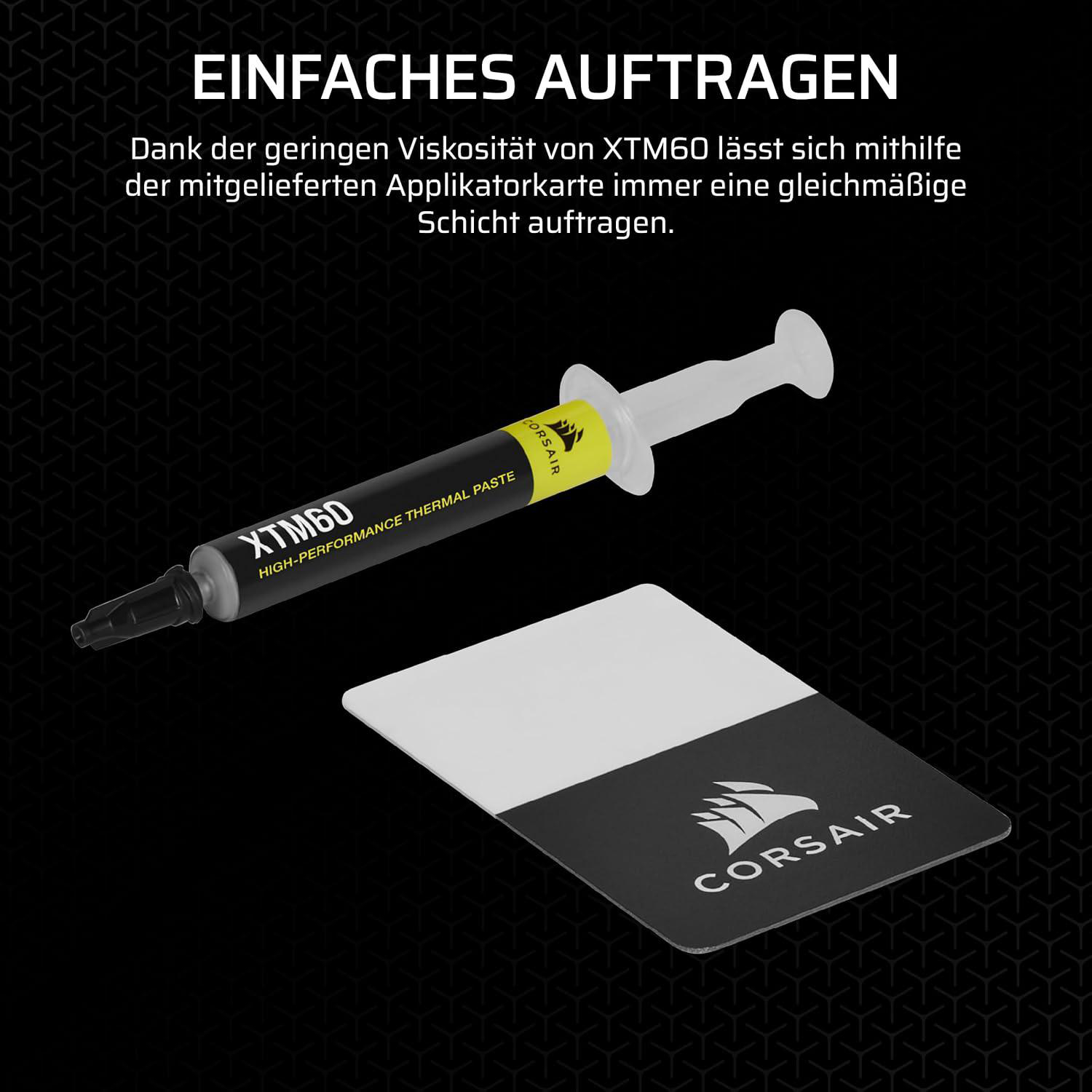 Das Bild zeigt eine Wärmeleitpastenspritze, eine Karte und Text auf schwarzem Hintergrund. Das Corsair-Logo ist sichtbar.