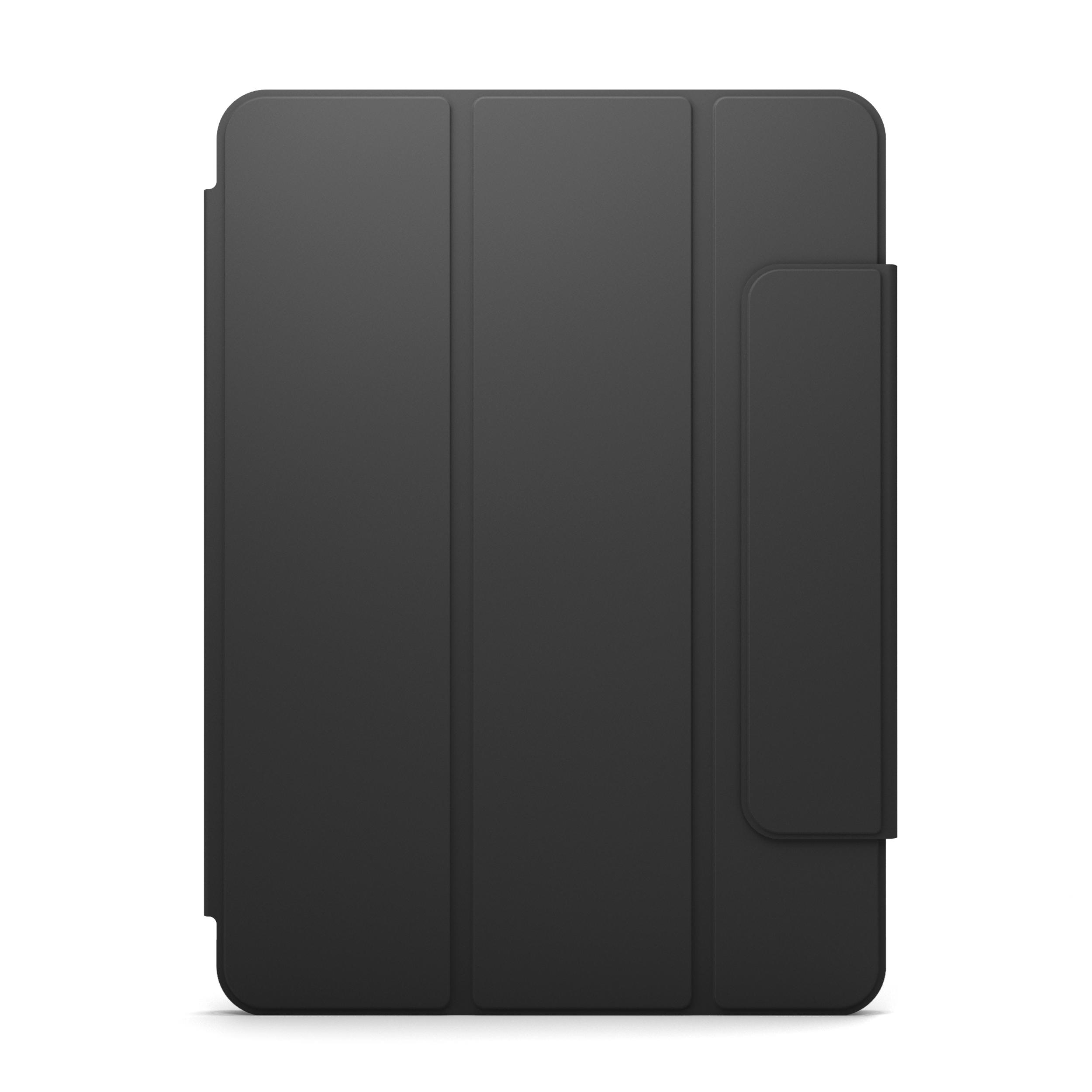 Eine schwarze Tablethülle mit Magnetverschluss vor weißem Hintergrund.